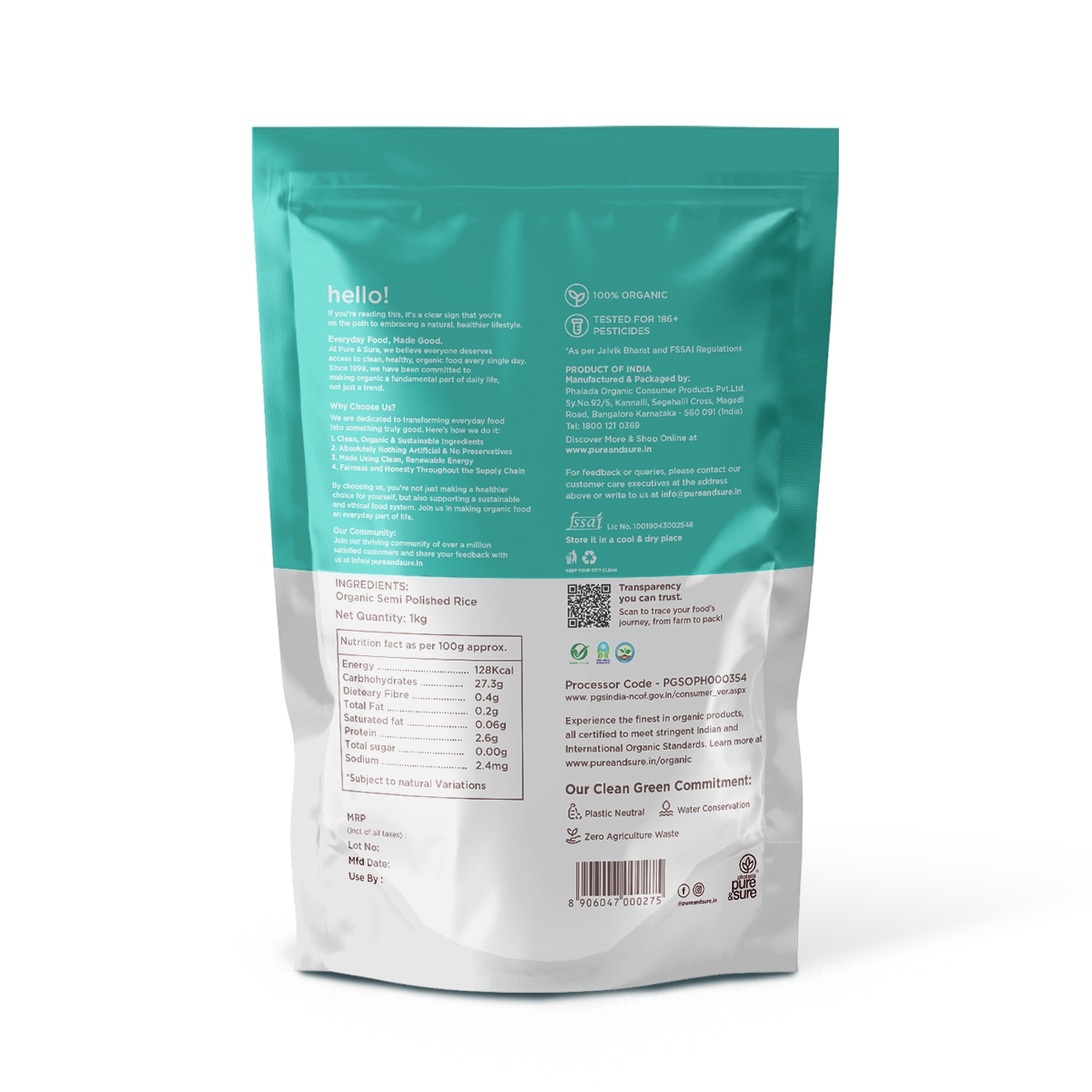 Organic Semi Polished rice 1kg Back