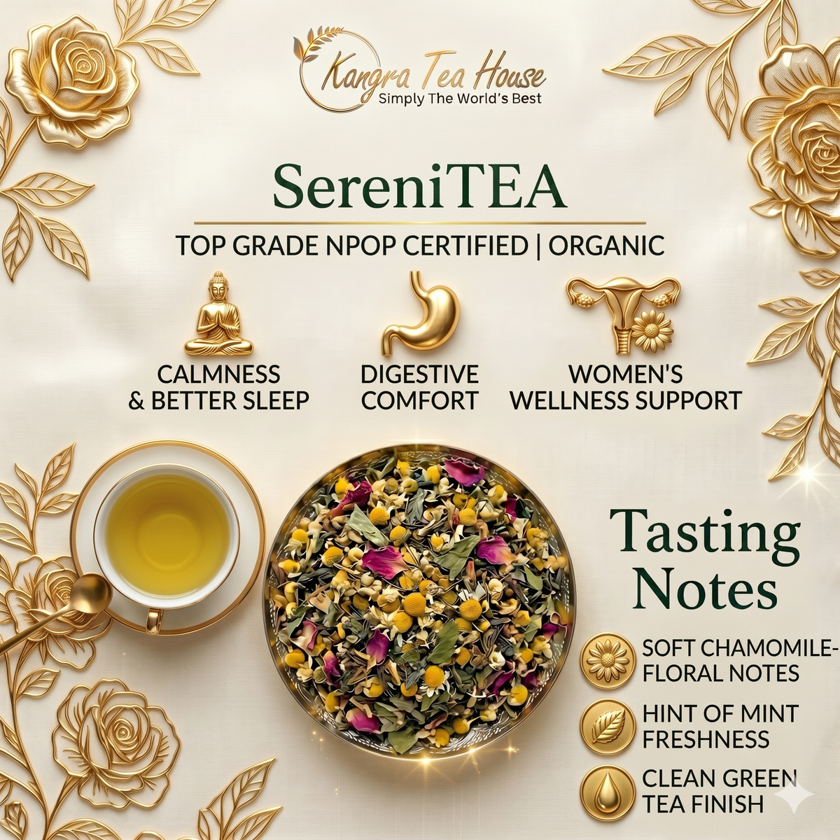 SereniTEA chamomile mint organic green tea – Kangra Tea House
