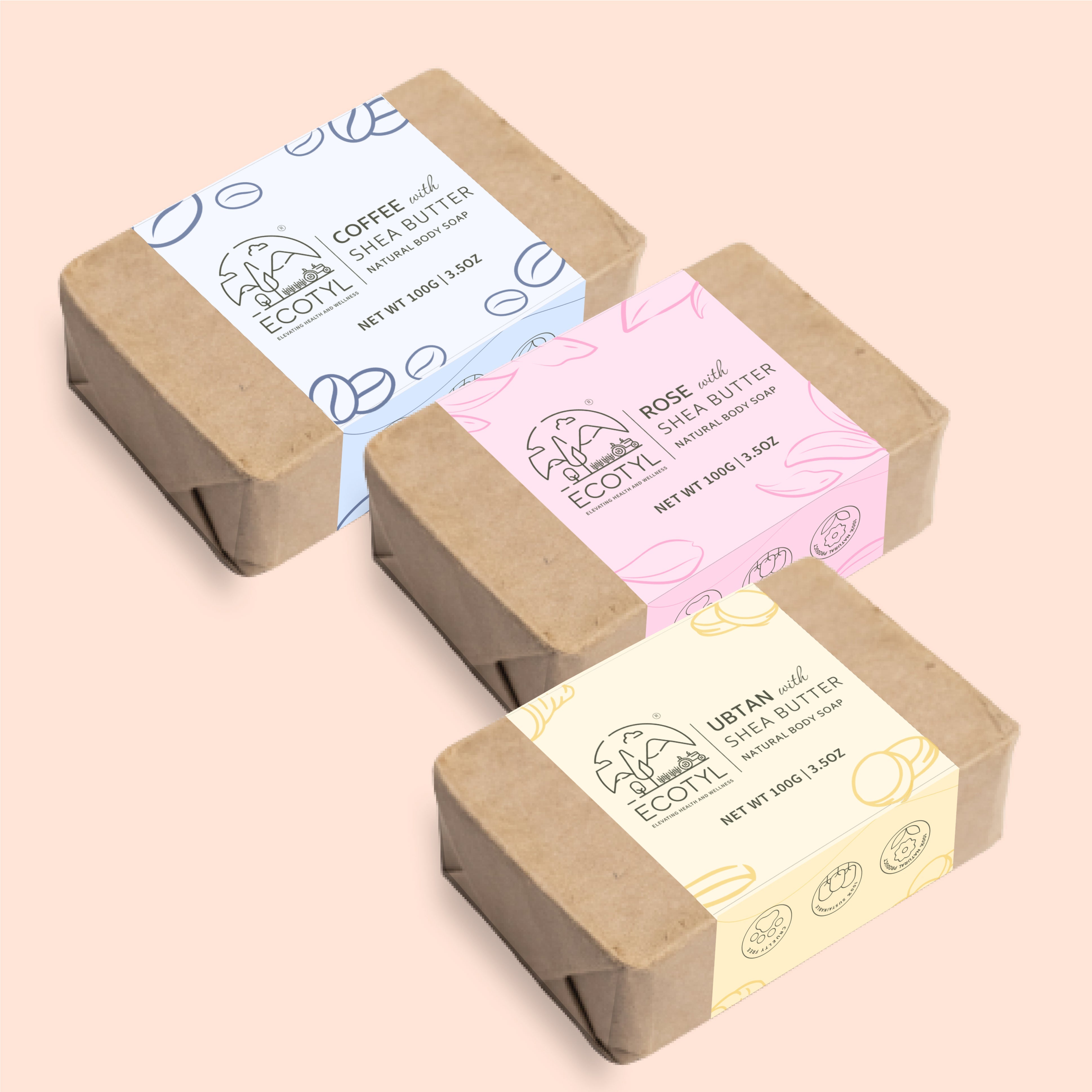 Shea Butter Soaps - Ubtan, Rose & Coffee - Set of 3 - Ecotyl - 100% Organic I Sustainable