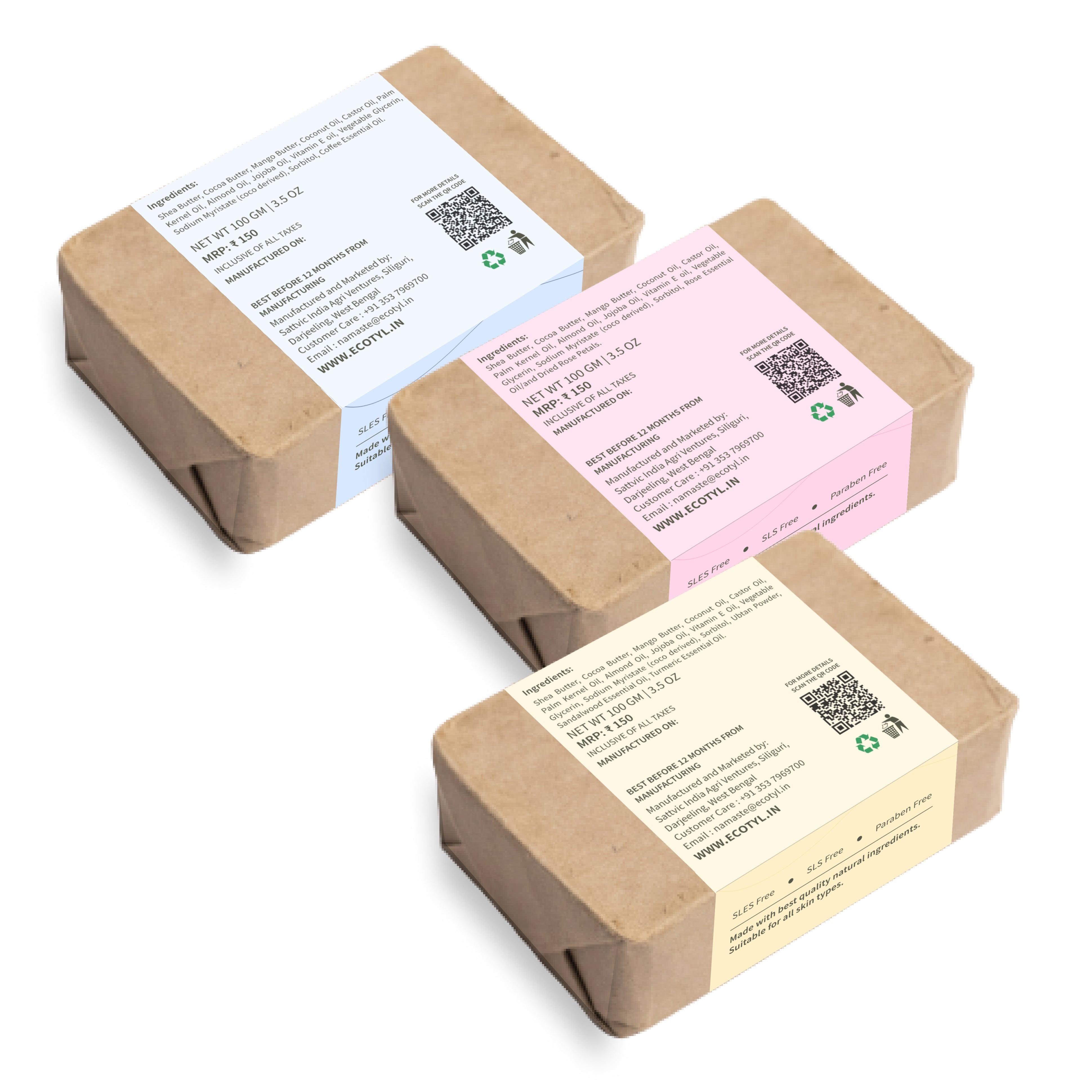 Shea Butter Soaps - Ubtan, Rose & Coffee - Set of 3 - Ecotyl - 100% Organic I Sustainable