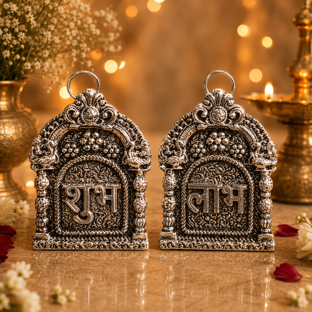 Silver Plated Shubh Labh with Red Velvet Box | Diwali & Pooja Décor | Artecasa - https://artecasa.in/