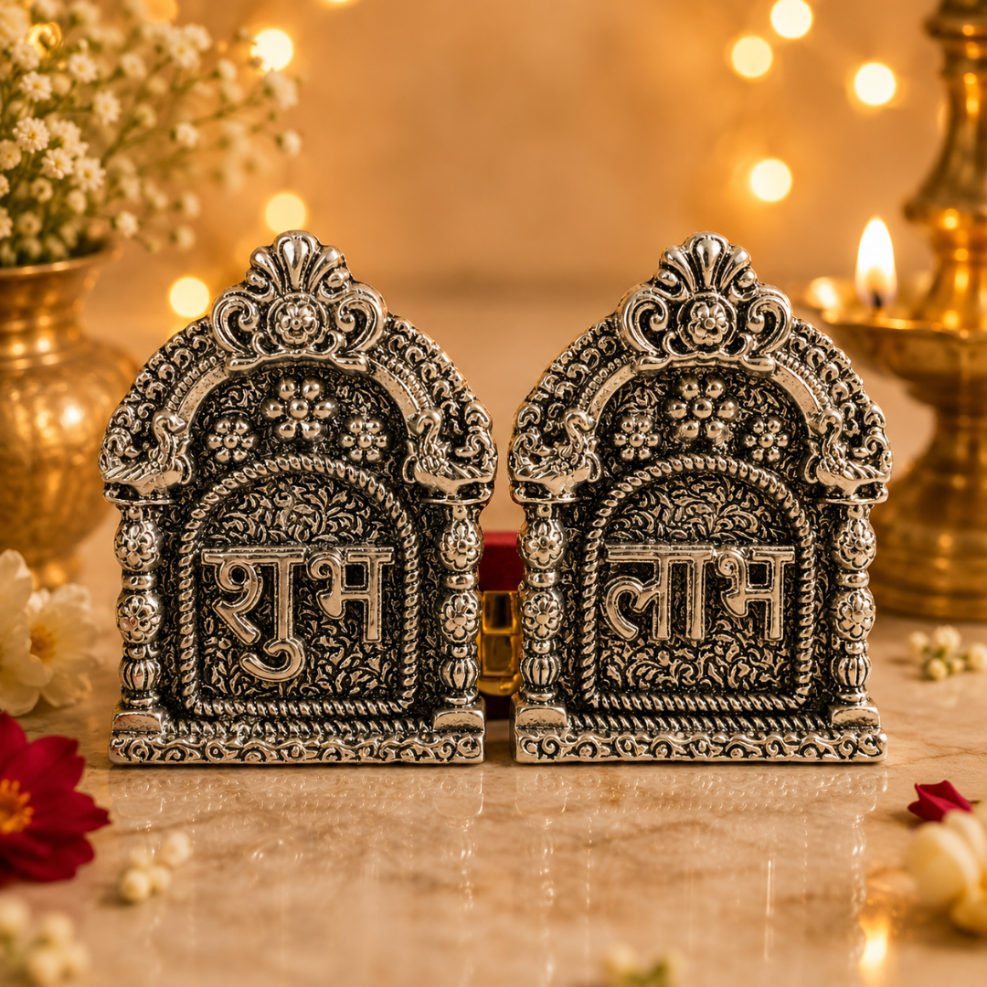 Silver Plated Shubh Labh with Red Velvet Box | Diwali & Pooja Décor | Artecasa - https://artecasa.in/