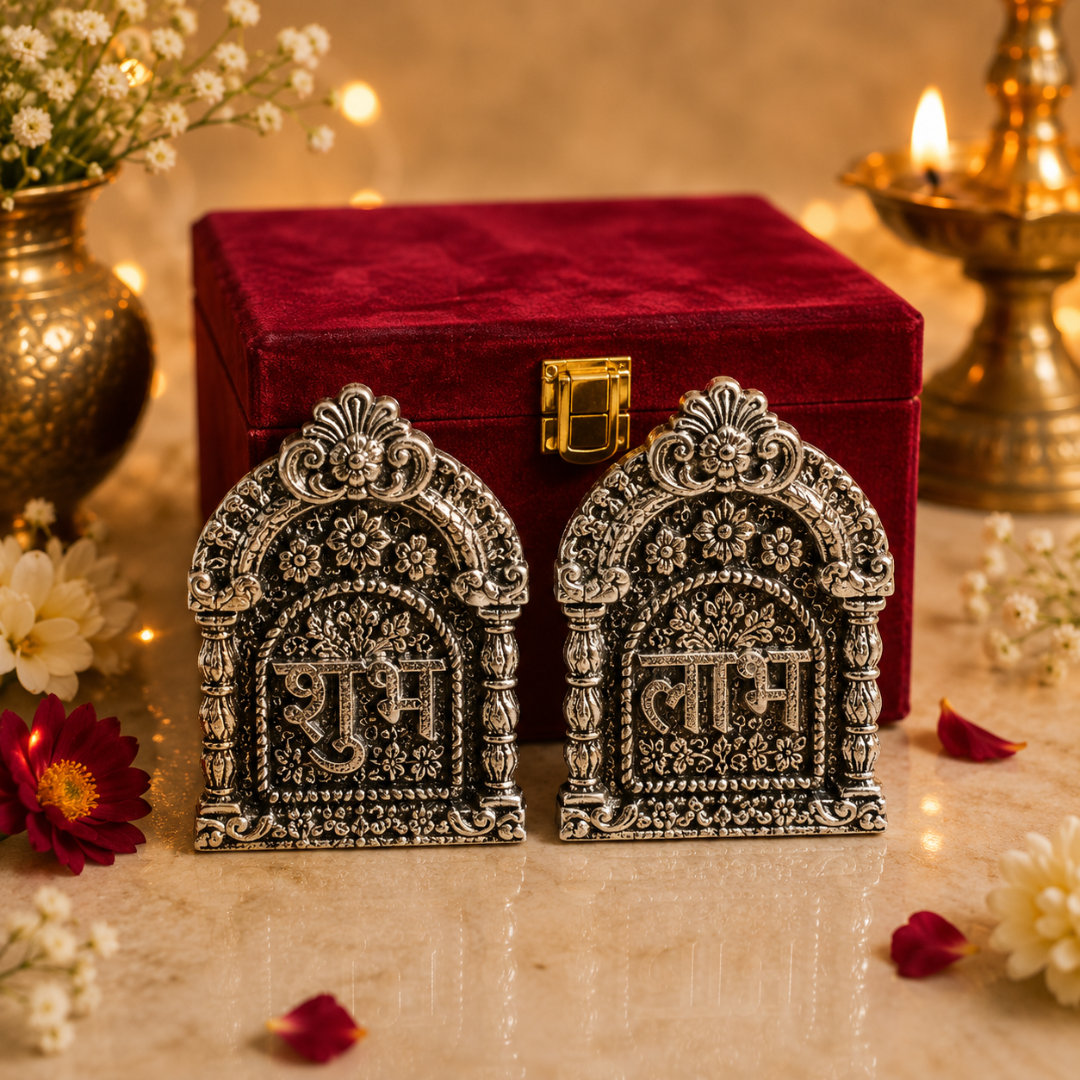 Silver Plated Shubh Labh with Red Velvet Box | Diwali & Pooja Décor | Artecasa - https://artecasa.in/