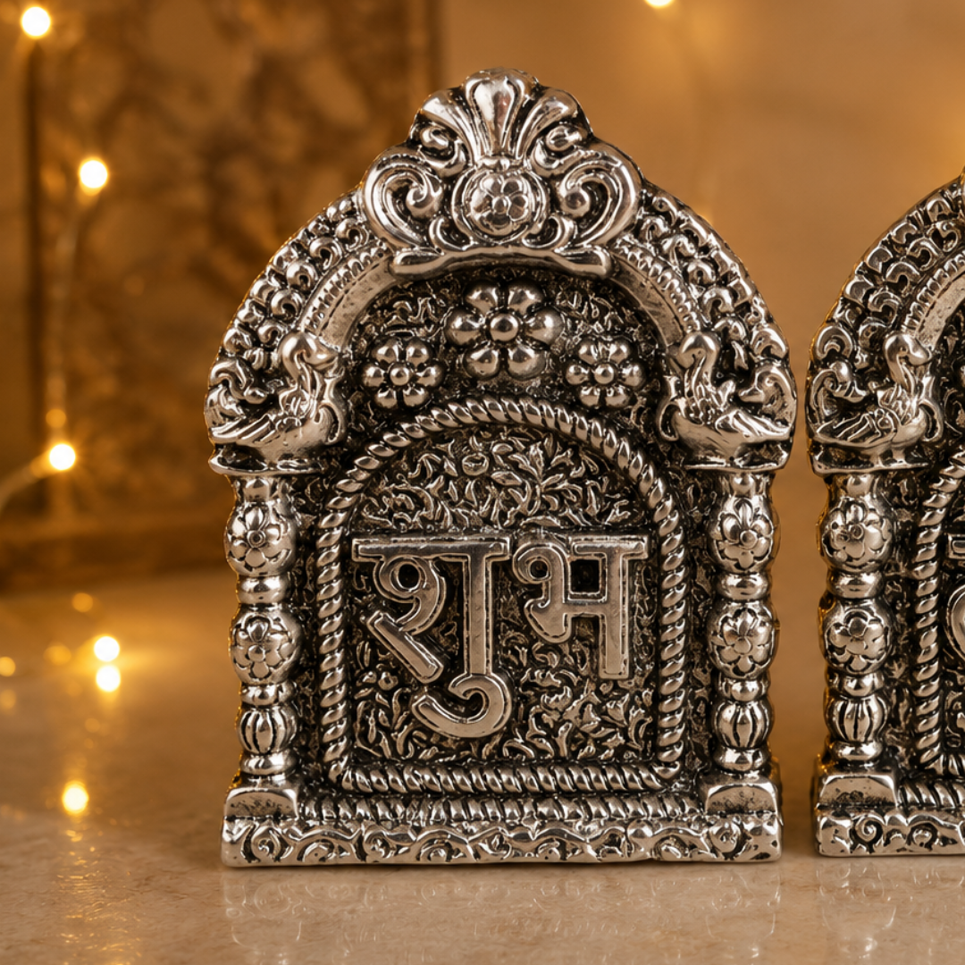 Silver Plated Shubh Labh with Red Velvet Box | Diwali & Pooja Décor | Artecasa - https://artecasa.in/