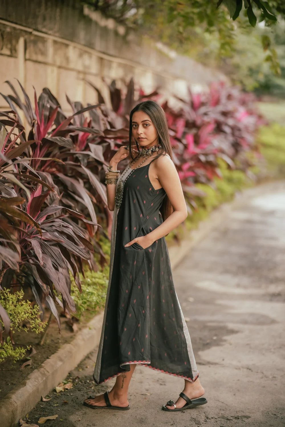 Charcoal Black and Grey Cotton Dress-Sutra Art of Clothing
