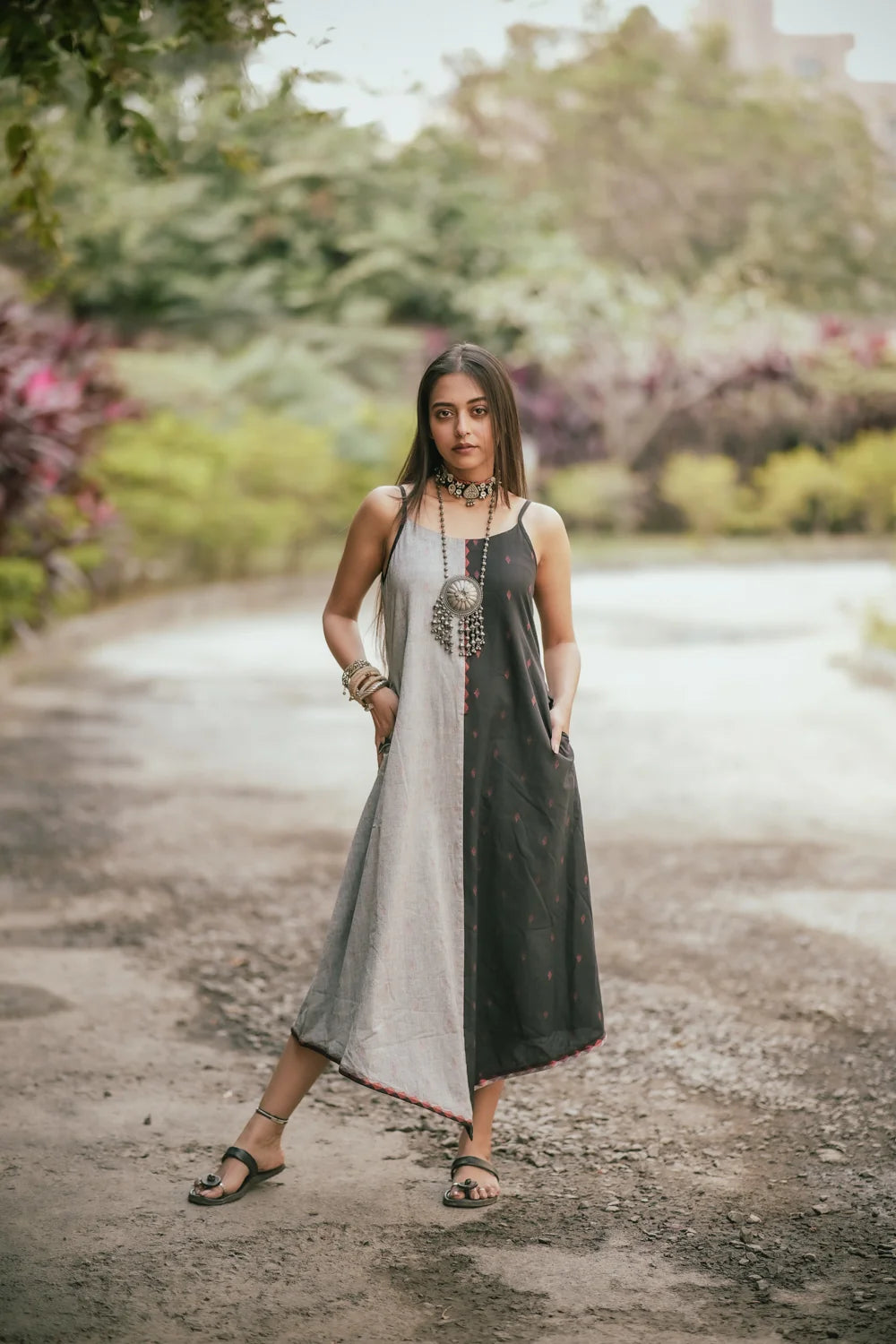 Charcoal Black and Grey Cotton Dress-Sutra Art of Clothing