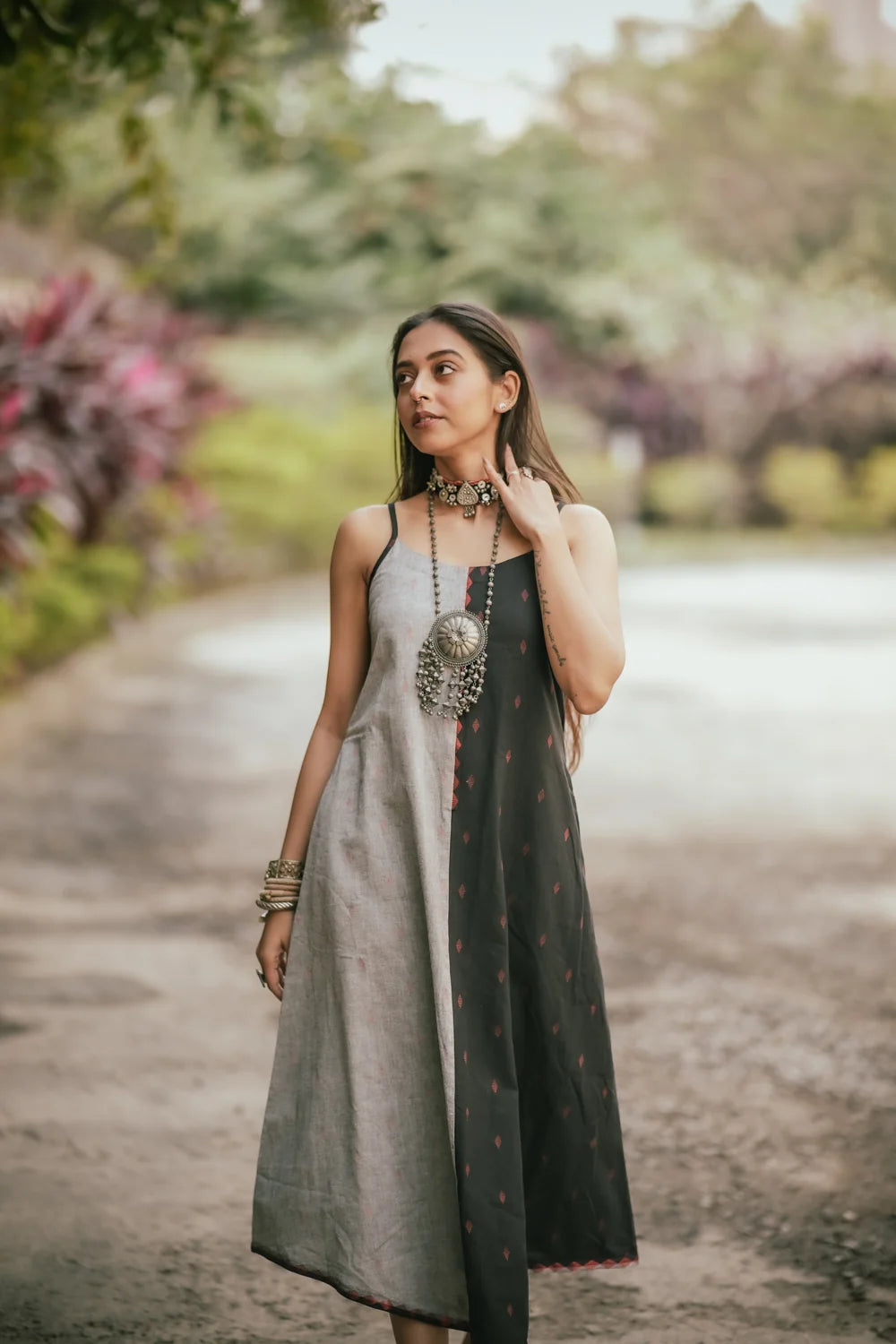 Charcoal Black and Grey Cotton Dress-Sutra Art of Clothing
