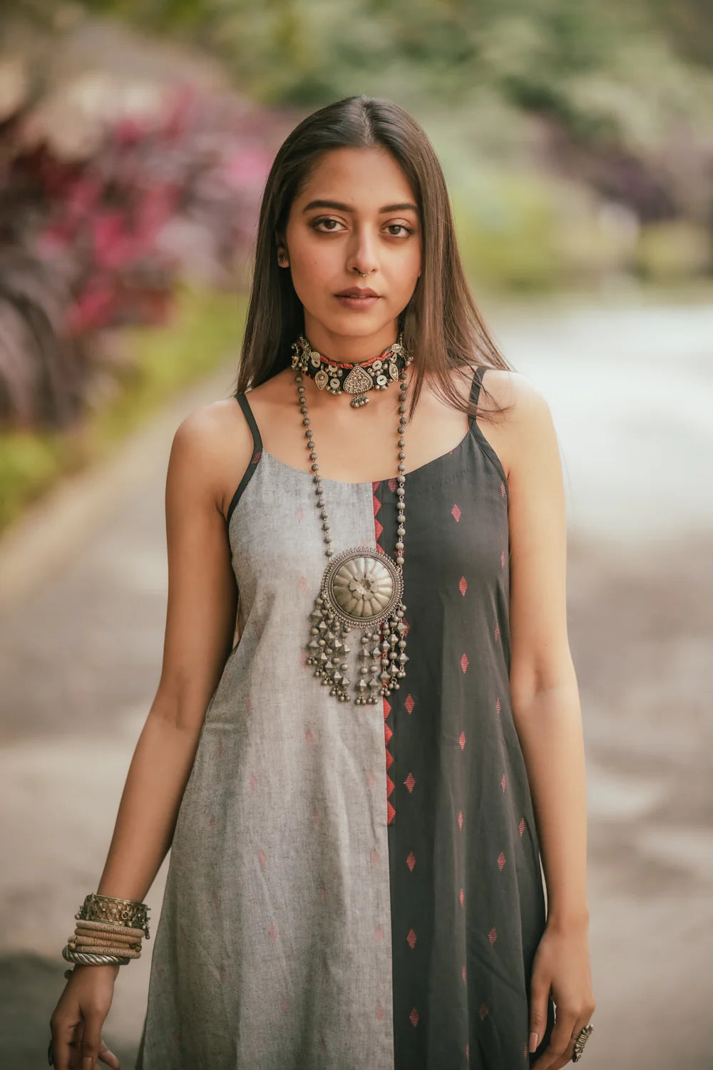 Charcoal Black and Grey Cotton Dress-Sutra Art of Clothing