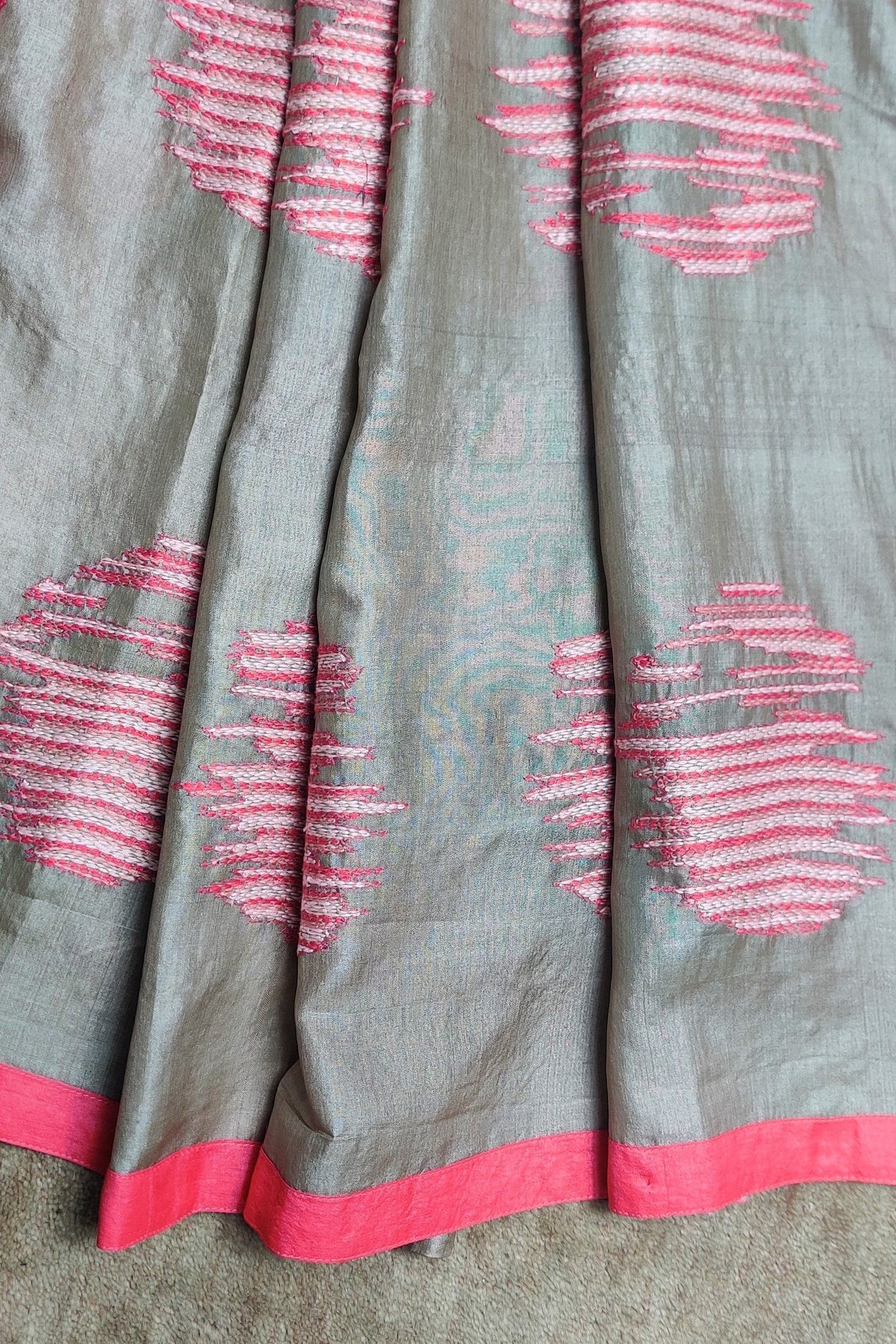 Champagne-Wild Silk Saree Hand Embroidered in Sujani-bihart