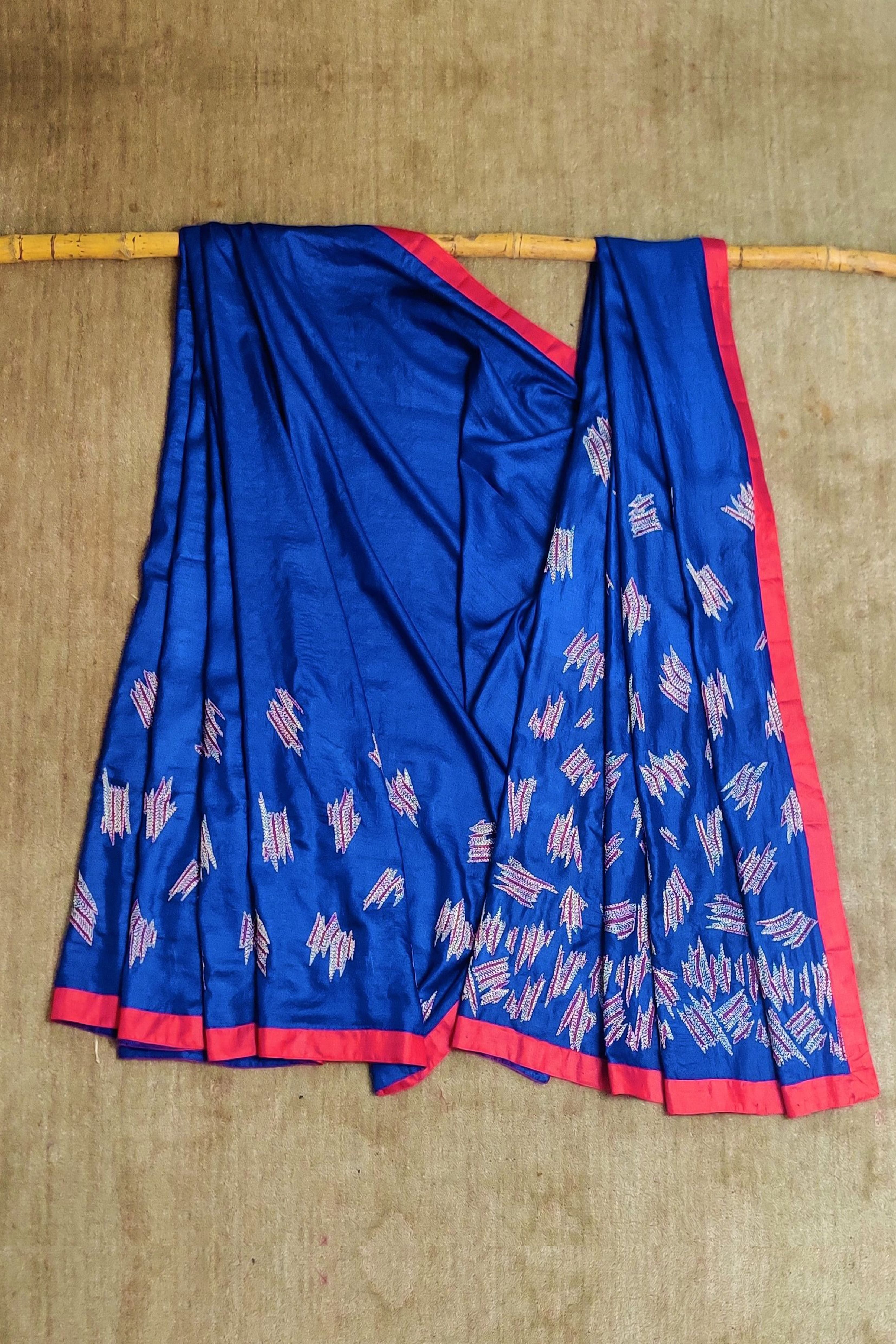 Midnight-blue wild silk saree with sujani-bihart