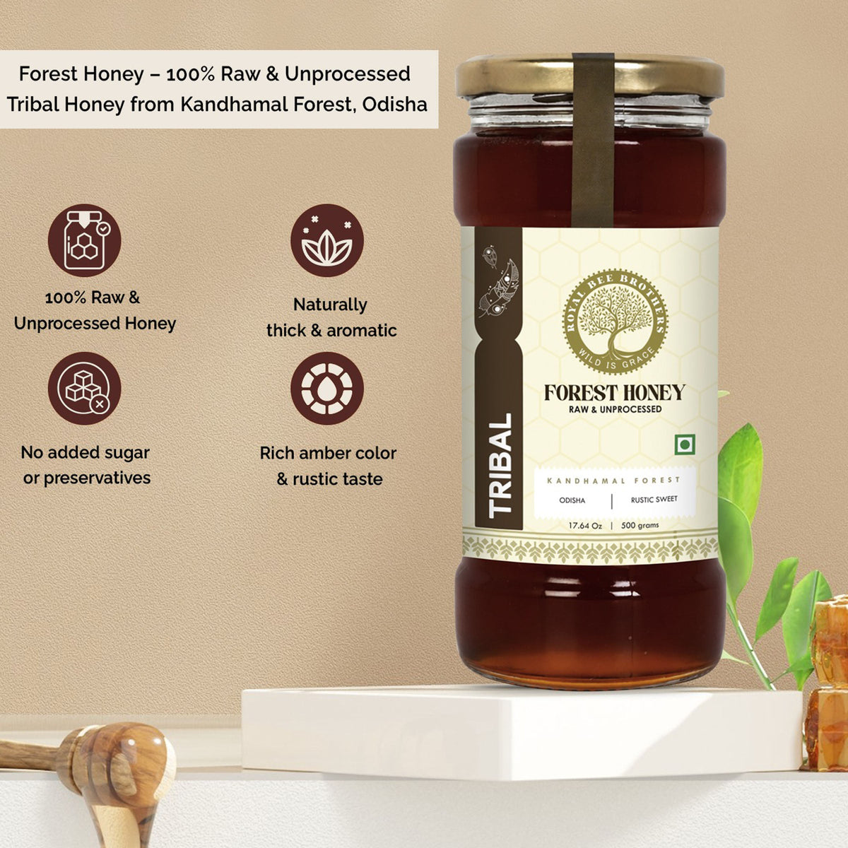 Jar of Forest Honey with branding and product details on a beige background