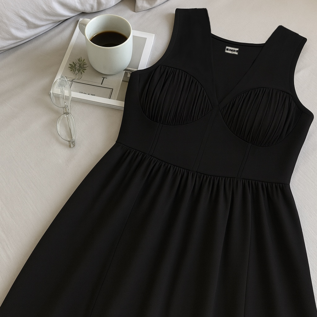 Black dress on a bed with a cup of coffee and glasses.