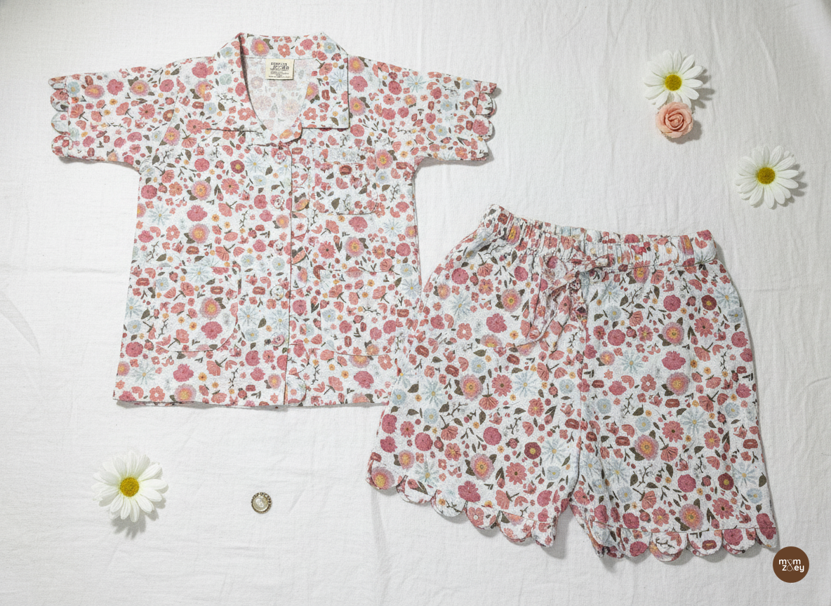 Florence organic cotton-linen floral lounge set back view showing relaxed fit