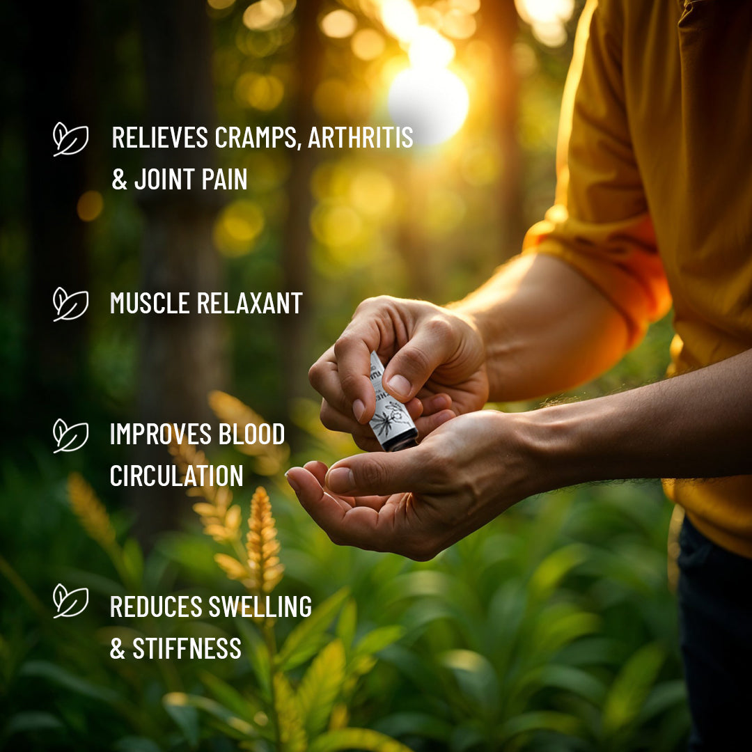 Kheoni Vijaya Leaf Roll On eco-friendly glass packaging with biodegradable grass paper box