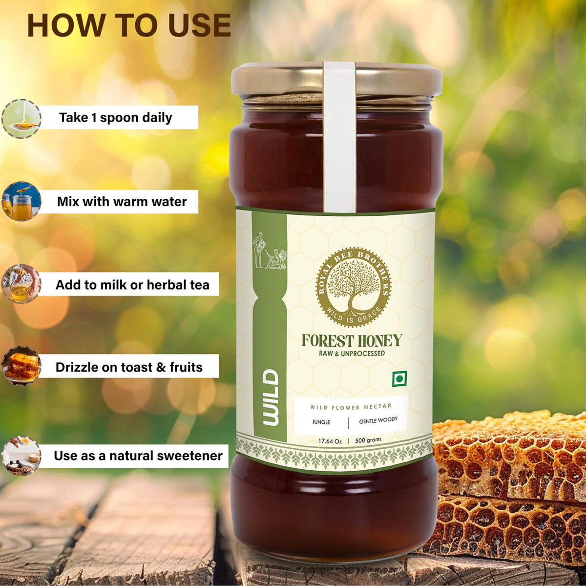 Raw organic honey certified under NPOP standards featuring unprocessed wild forest honey from India