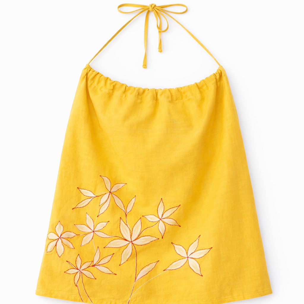 Yellow halter top with floral embroidery