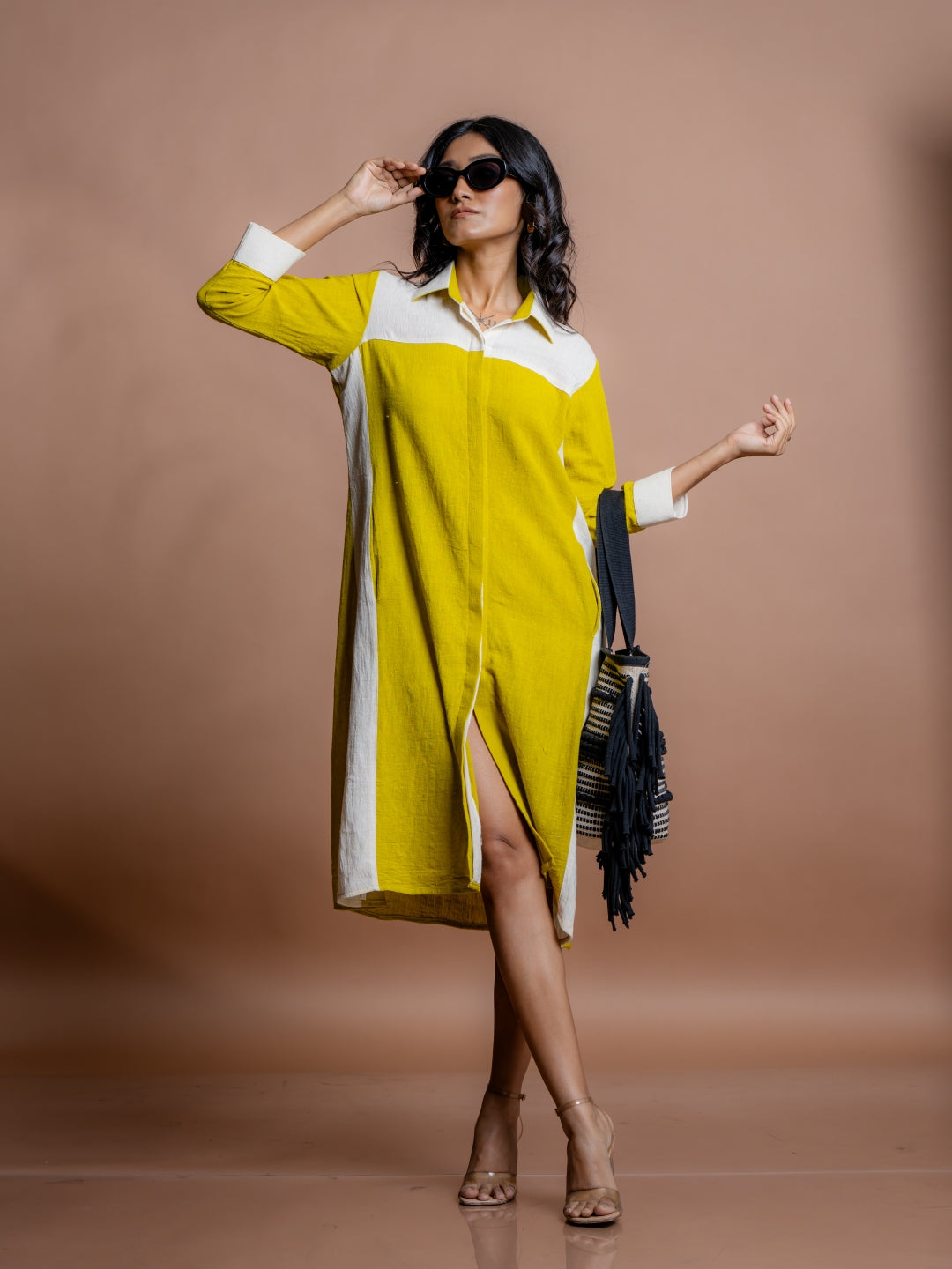 Handwoven Kala cotton women's long shirt dress