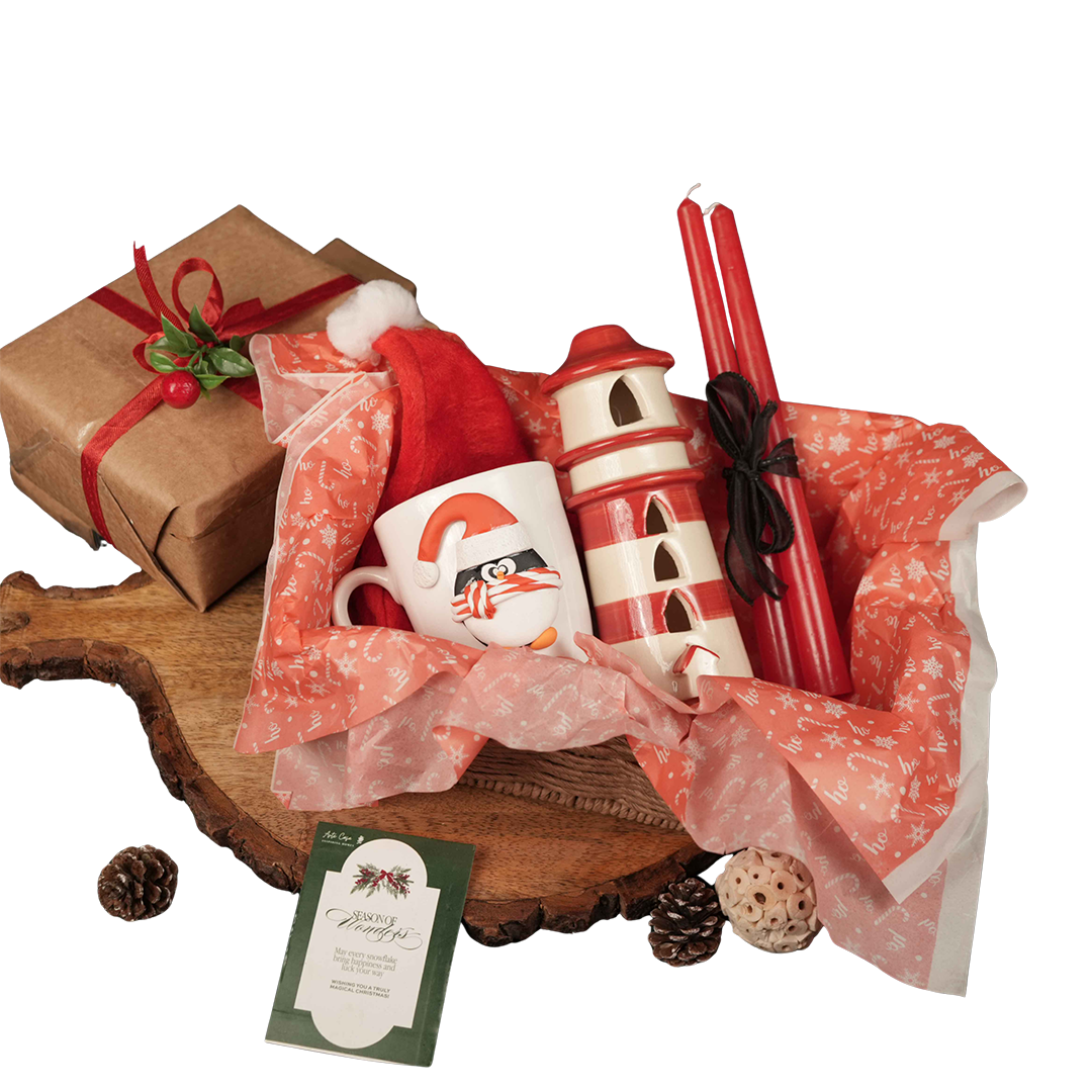 Santa Merry Magic Set – Christmas Gift Hamper with Penguin Mug, Santa Cap, Candles & Tealight House | Premium Festive Gift Box India - https://artecasa.in/