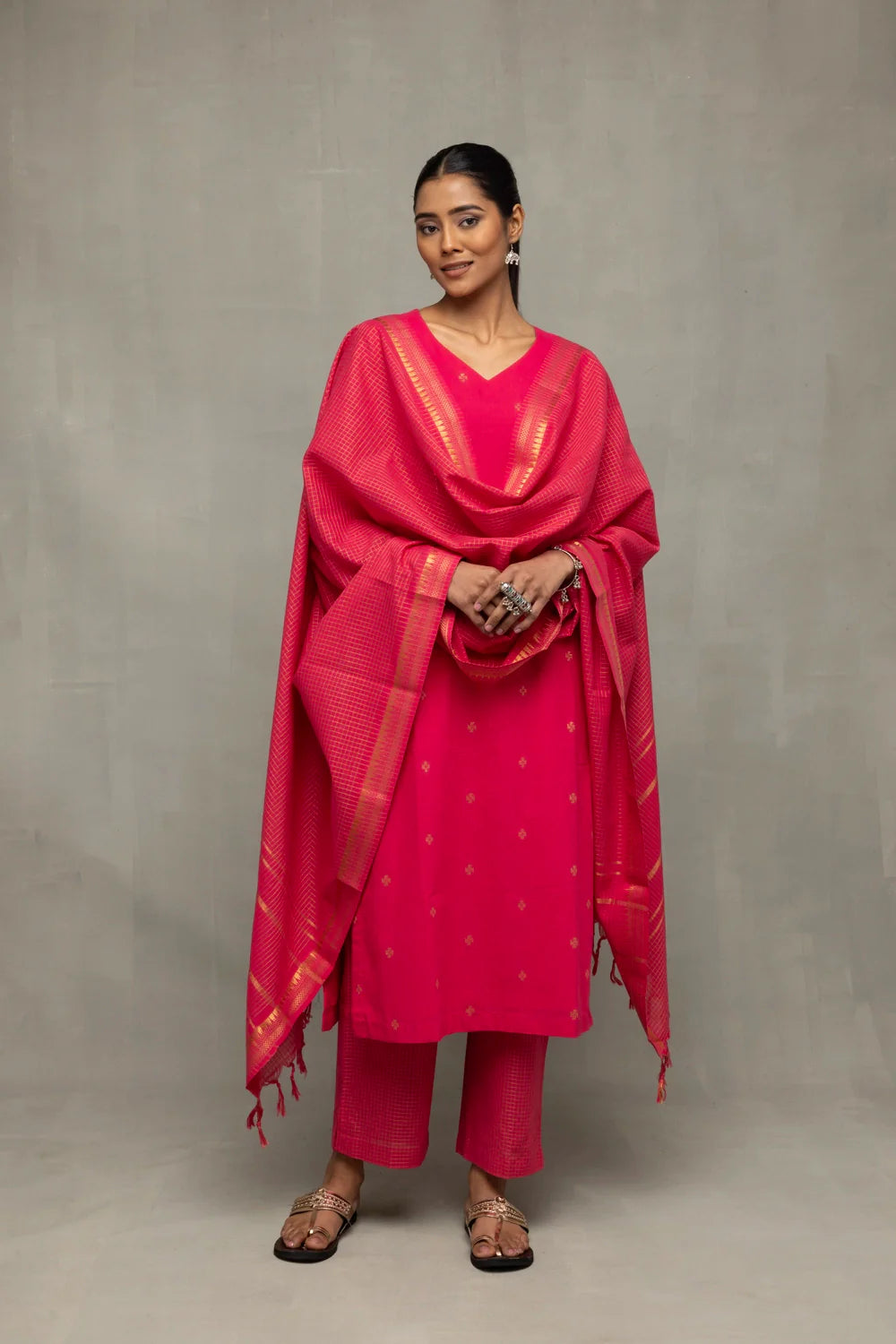 Amaranth Radiance Hand Woven South Cotton Kurta Set