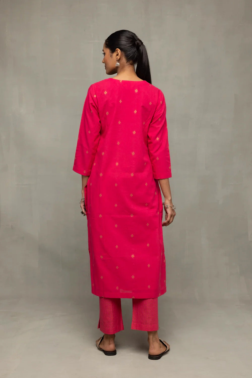 Back View of Amaranth Radiance Hand Woven South Cotton Kurta Set