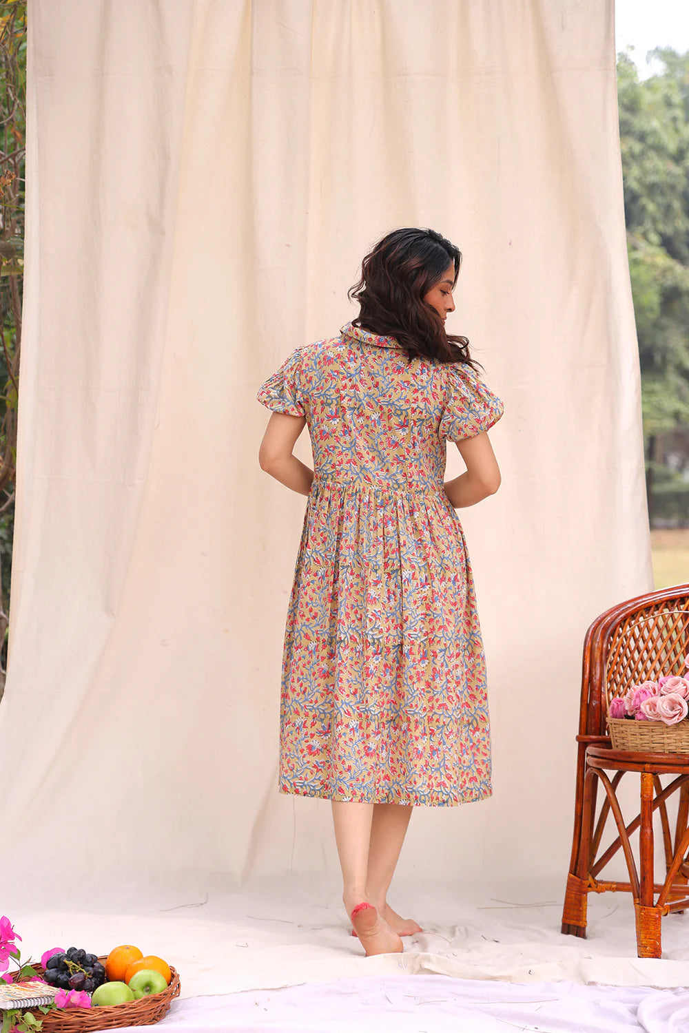 Back View of Beige Floral Block Print Cotton Dress