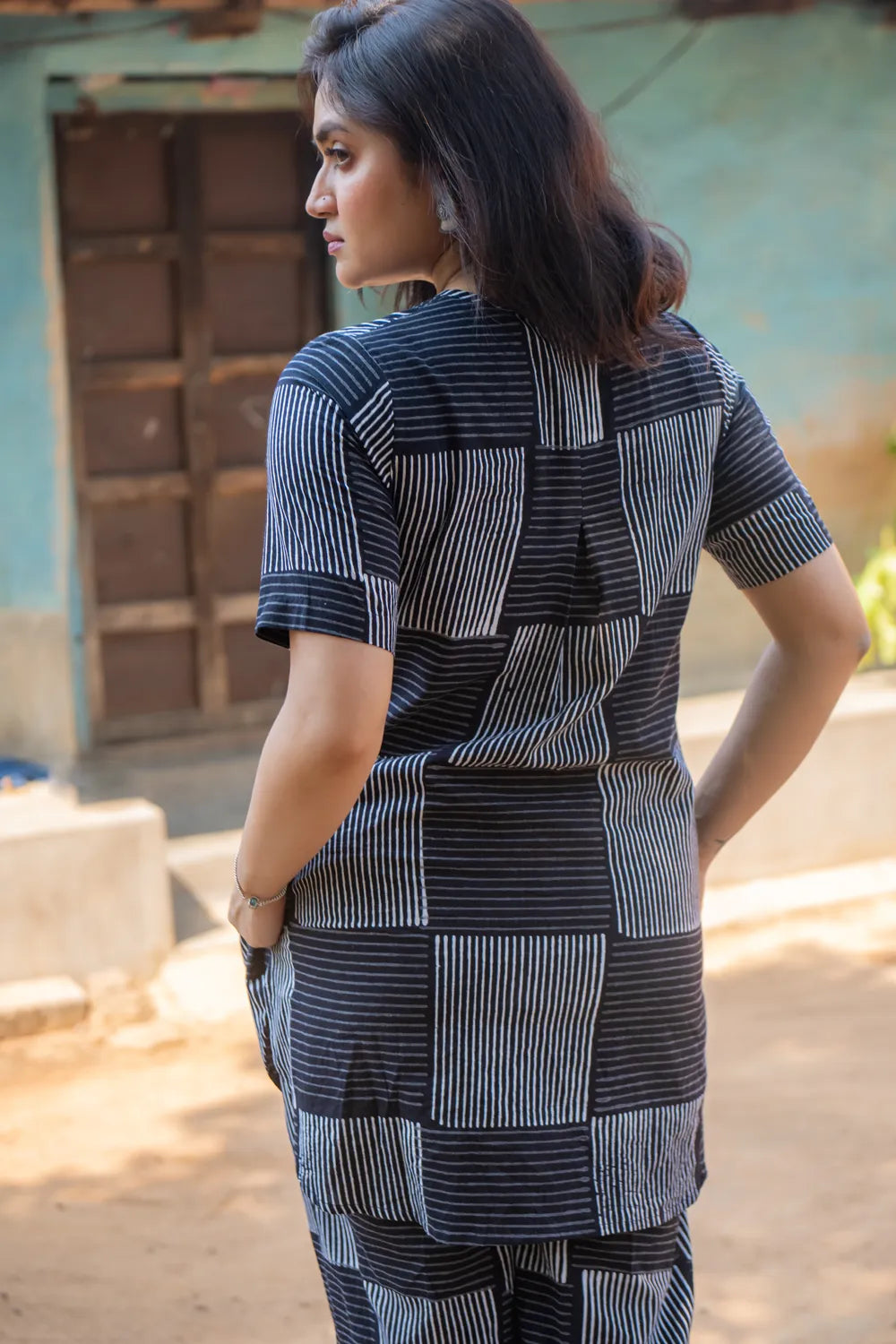 Back View of Black Check Pure Cotton Hand Block Print Co-ord Set