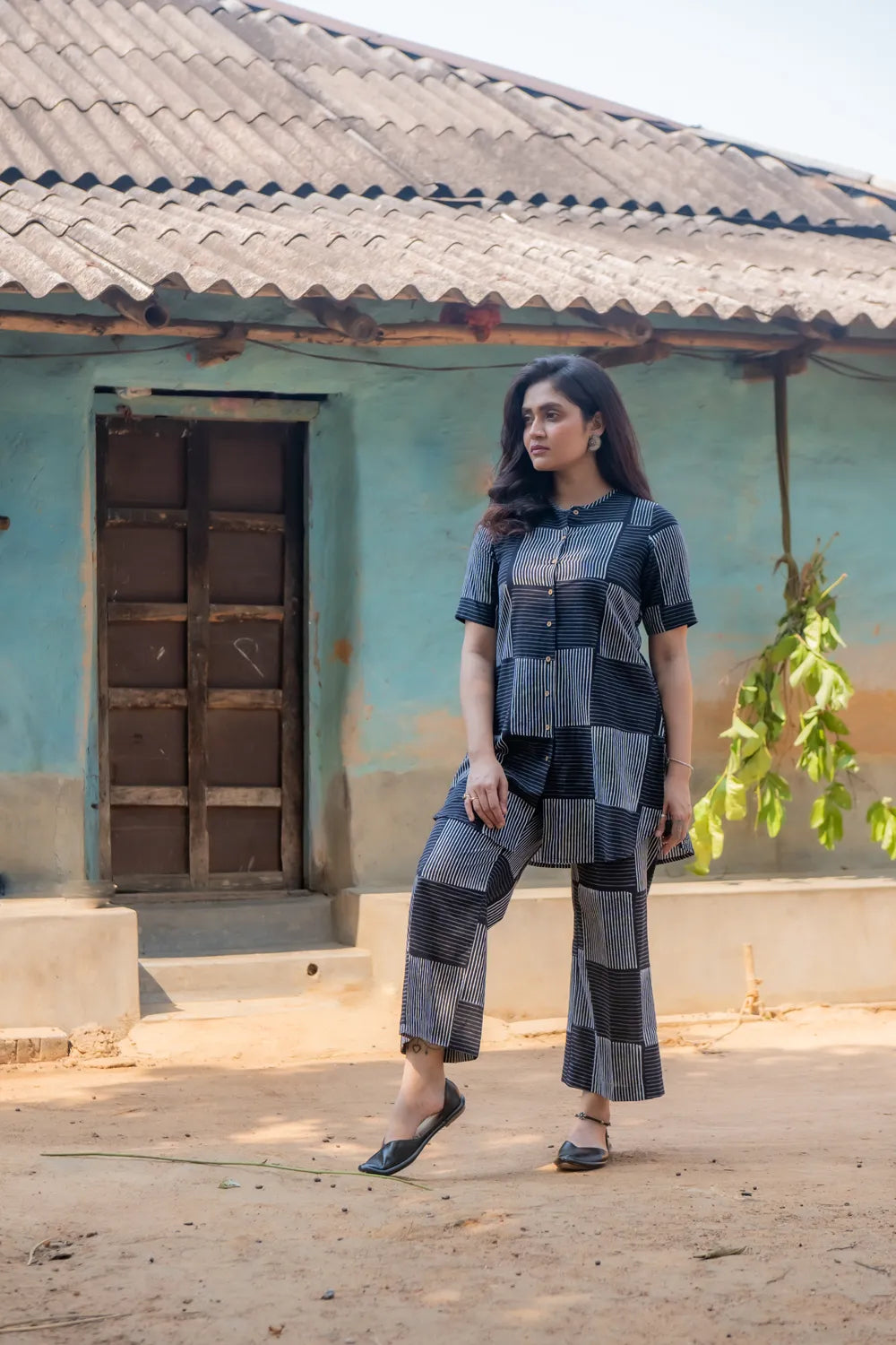 Back View of Black Check Stripes Pure Cotton Hand Block Print Co-ord Set