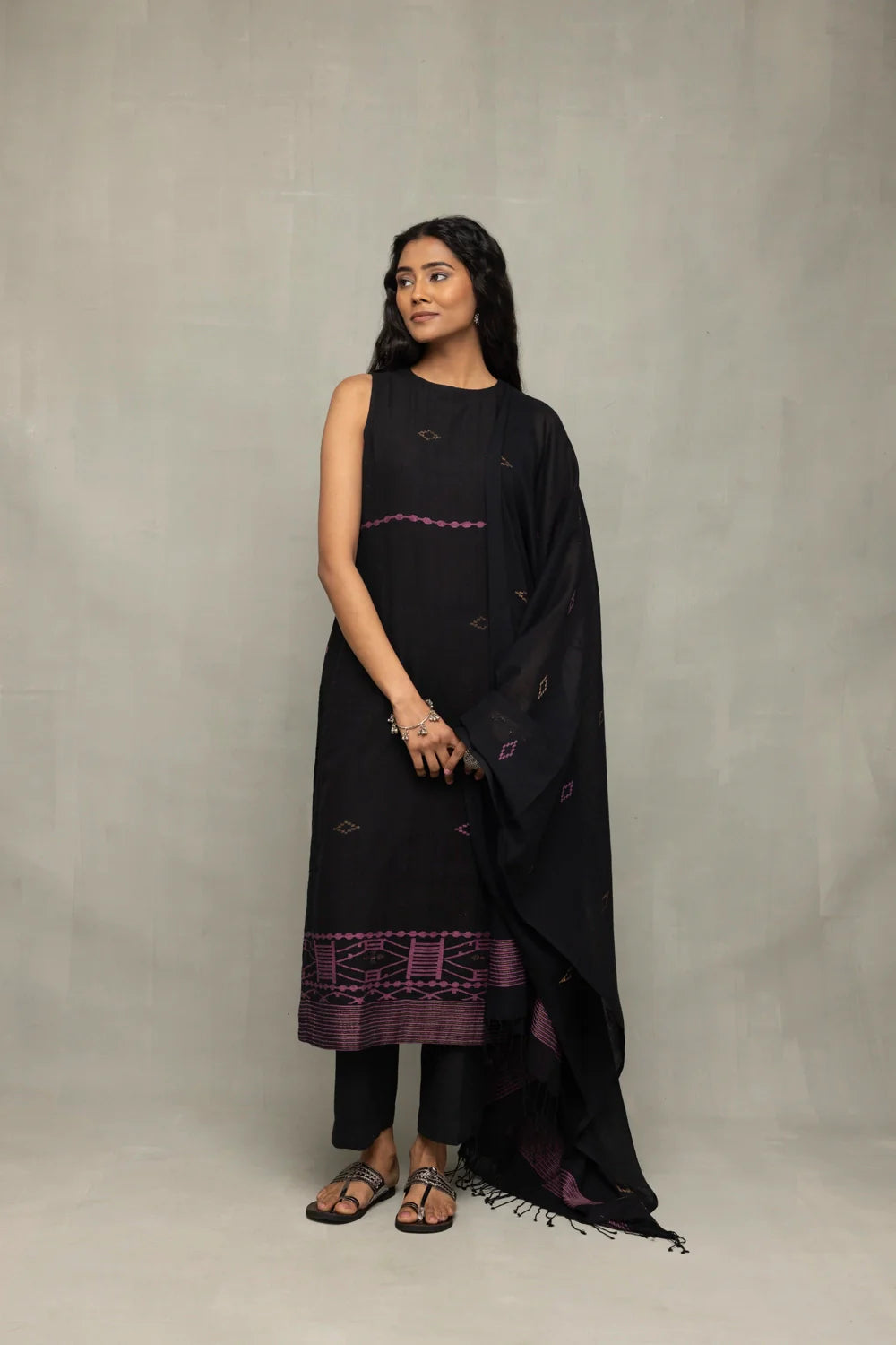Back View of Black Handloom Jamdani Kurta Set with Dupatta