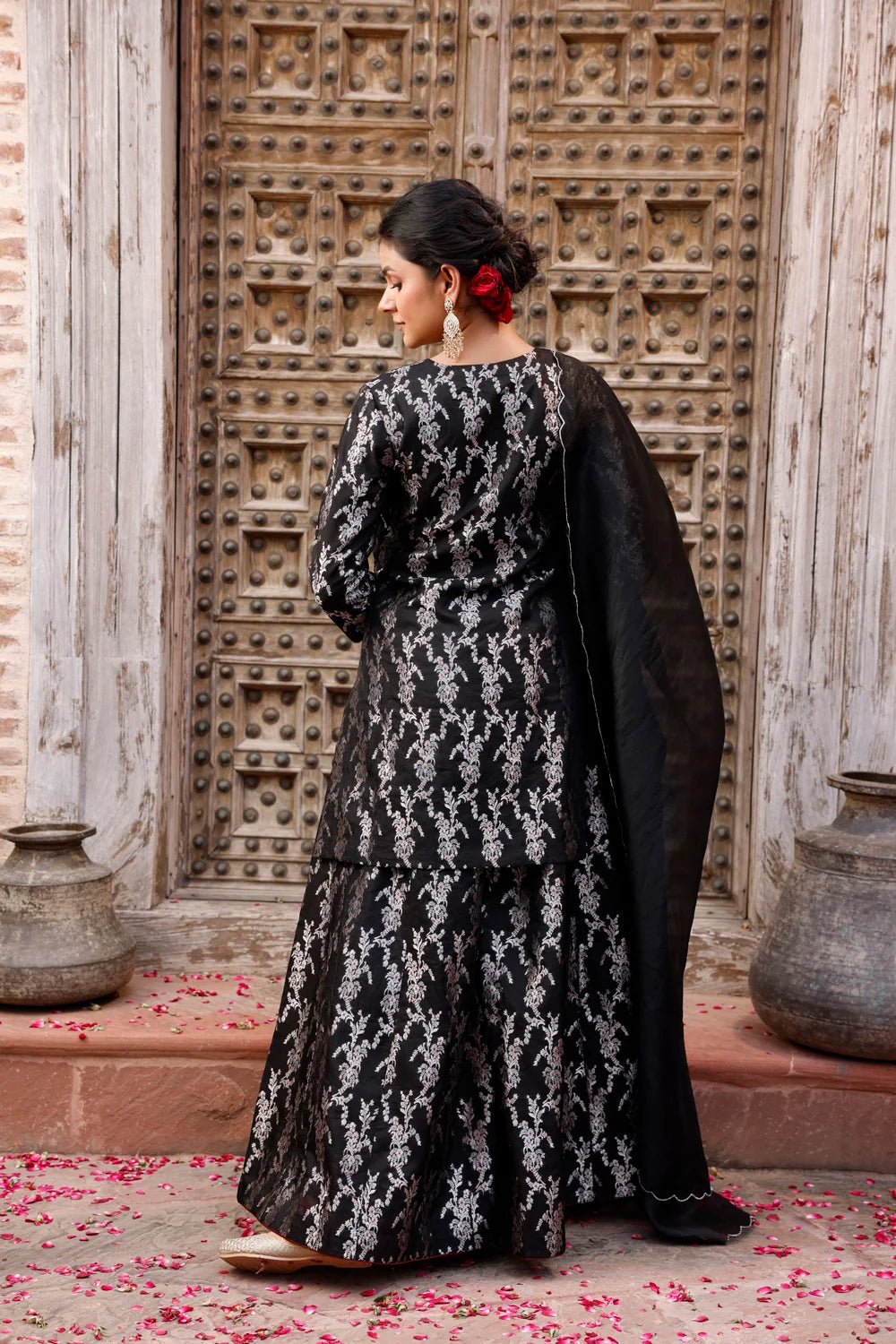 Back View of Black Pure Silk Banarasi Sharara with Dupatta