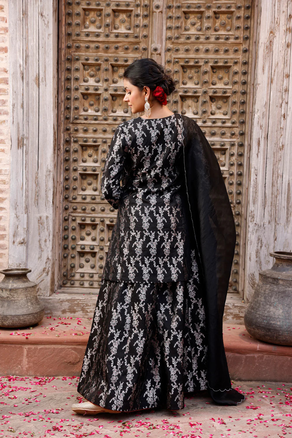 Back View of Black Pure Silk Banarasi Sharara with Dupatta