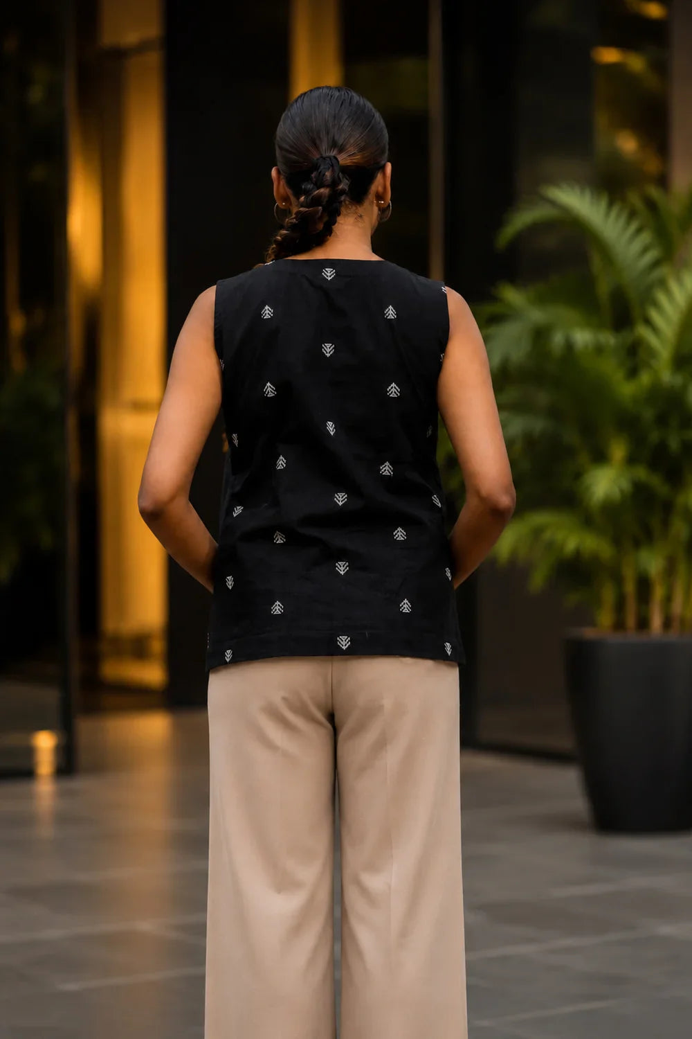 Back View of Black and White Cotton Woven Top