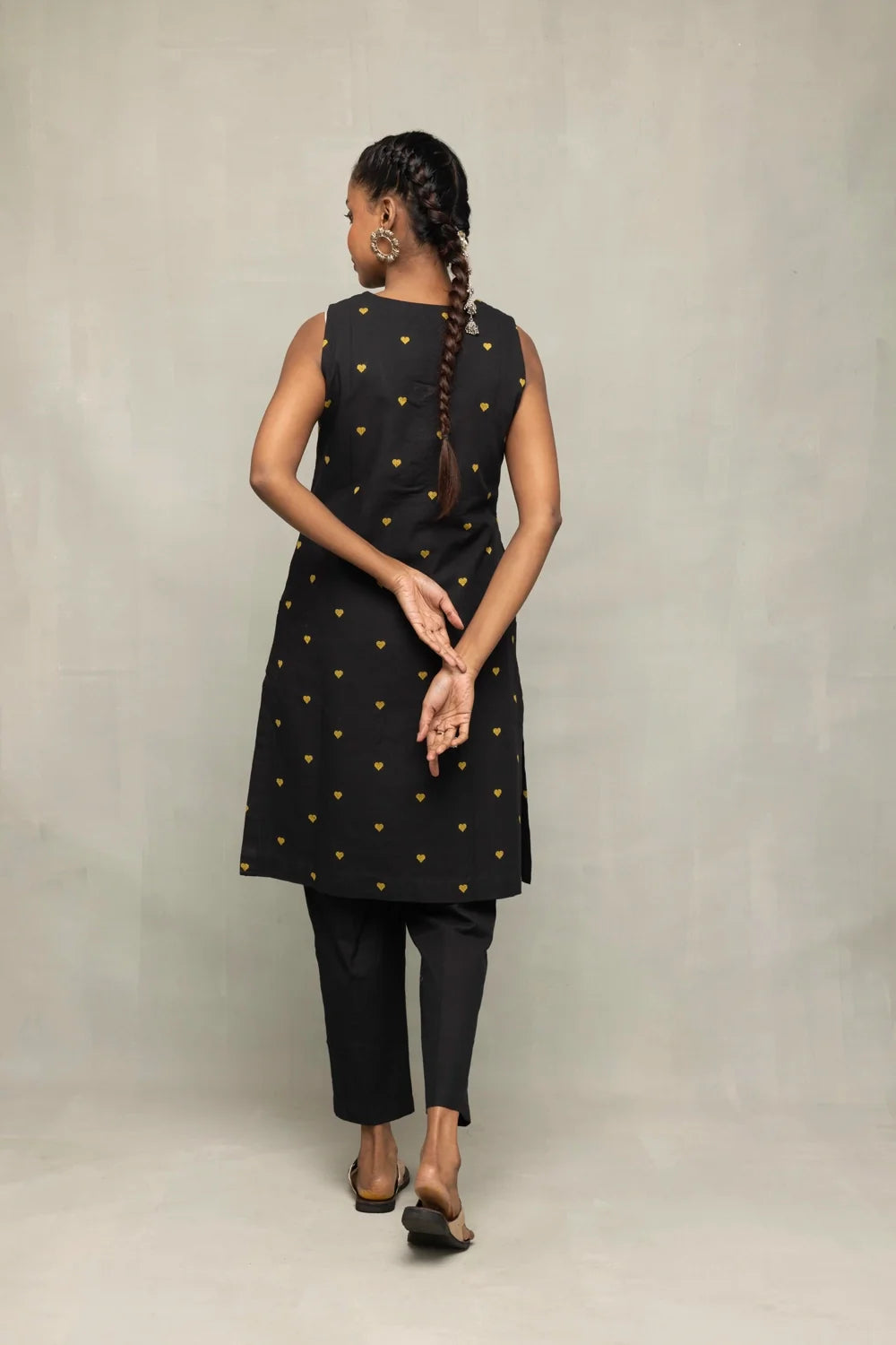 Back View of Black Yellow Hearts South Cotton Kurta Set with Dupatta