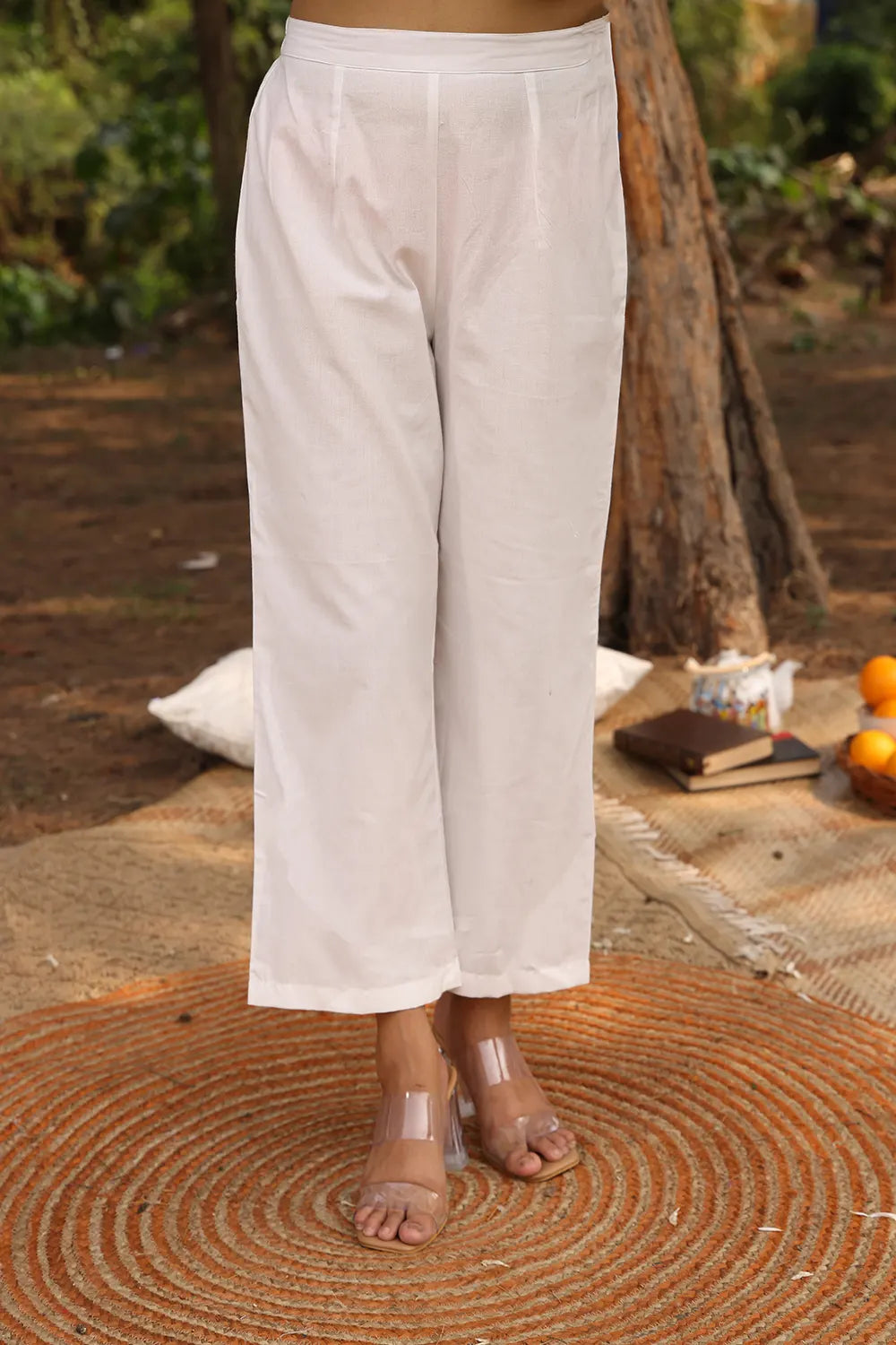 Back View of Blue Butterfly Woven Pure Cotton Kurta with White Malai Cotton Pant Set