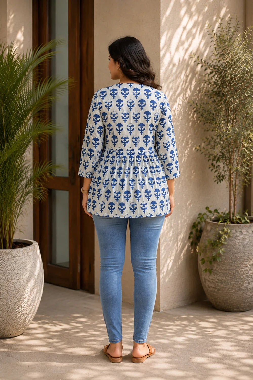 Back View of Blue Pure Cotton Flower Block Print Flared Top