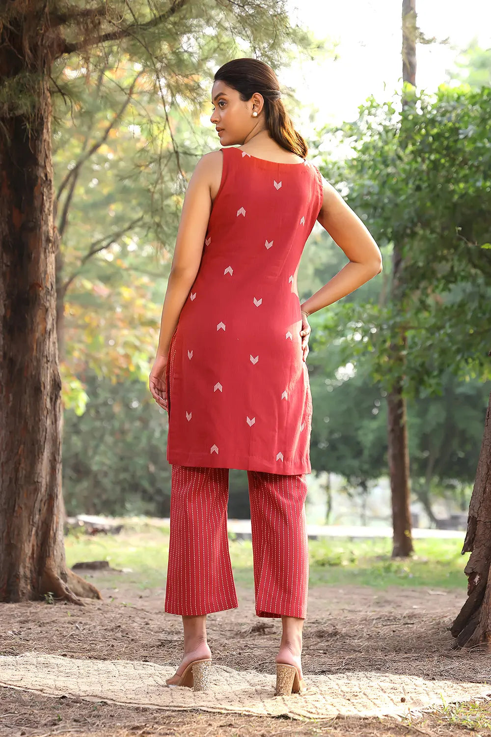 Back View of Brick Red Pure Cotton Kurta with Stripes Pant Co-ord Set