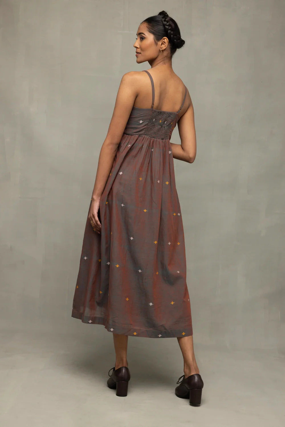 Back View of Brown Duo Tone Jamdani Hand Woven Midi Dress