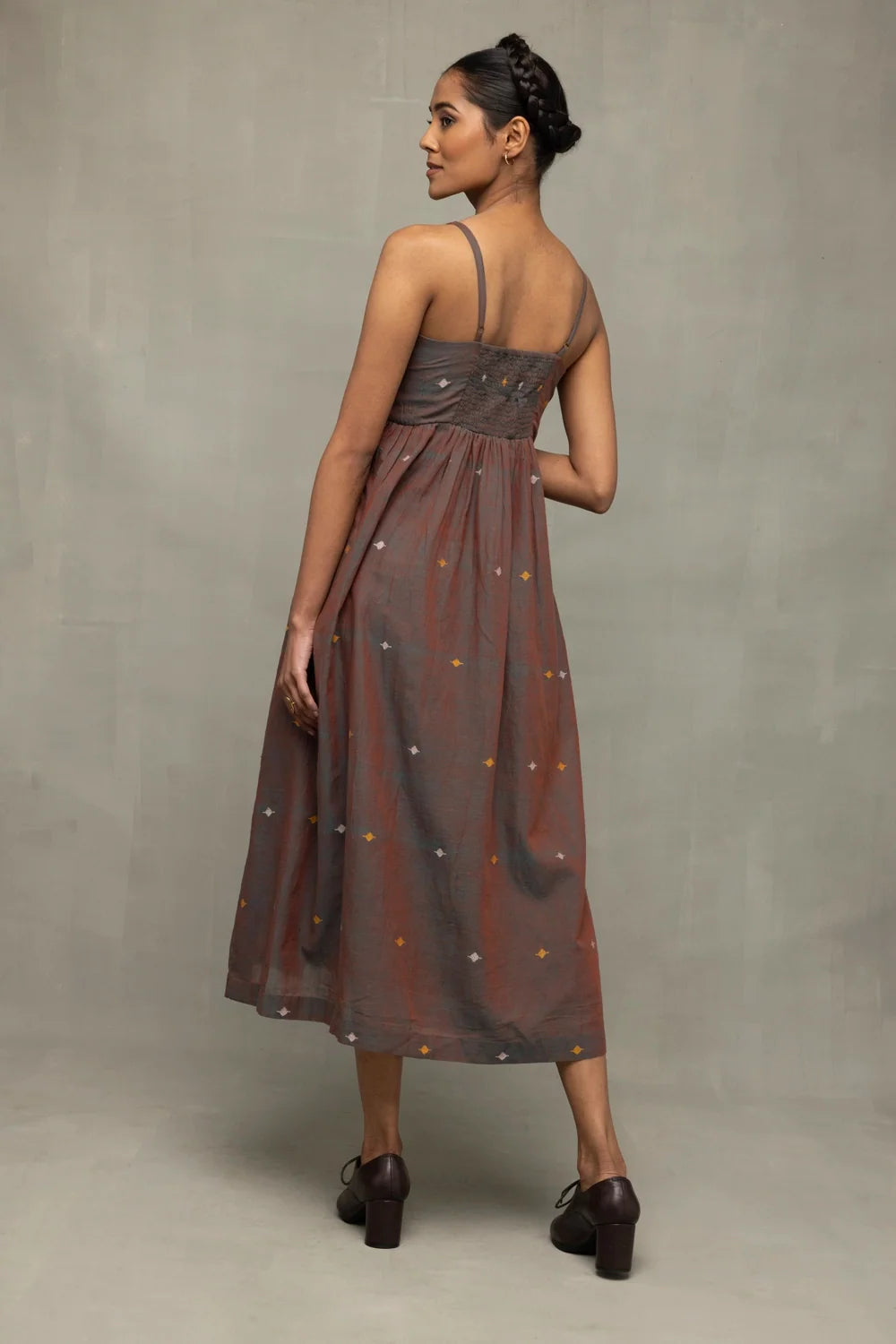 Brown Duo Tone Jamdani Hand-Woven Midi Dress-Sutra Art of Clothing