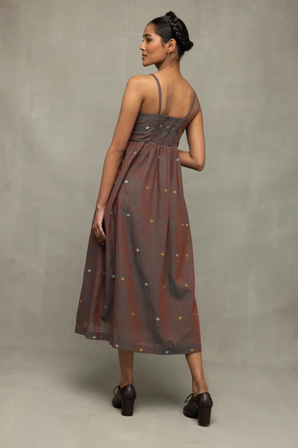 Back View of Brown Duo Tone Jamdani Hand Woven Midi Dress