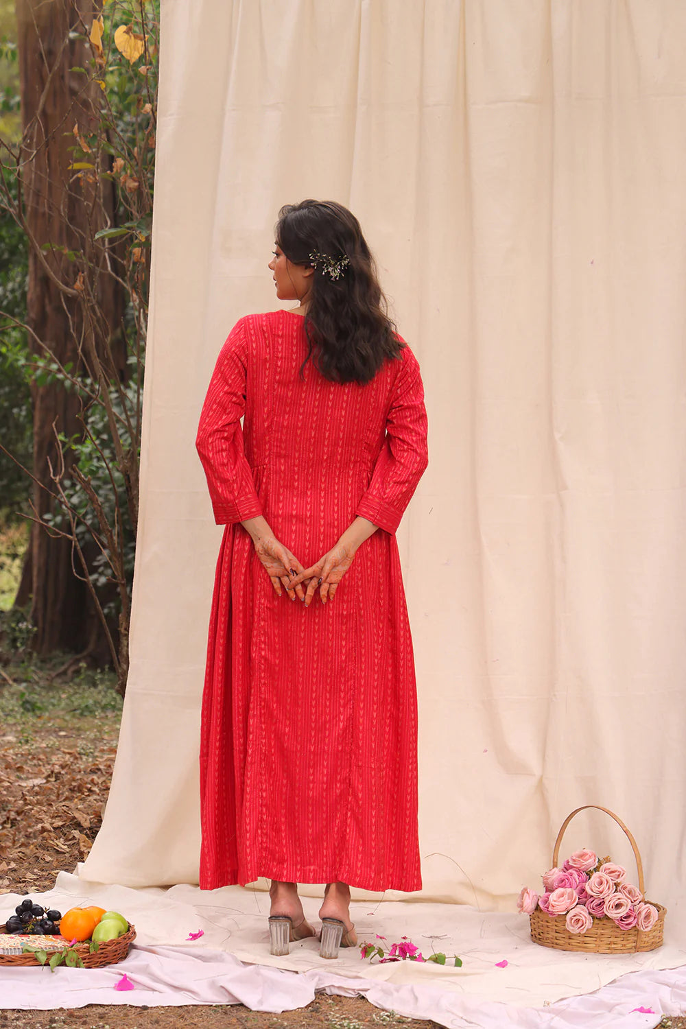 Back View of Candy Red Soft Cotton Silk Woven Kurta Set with Dupatta