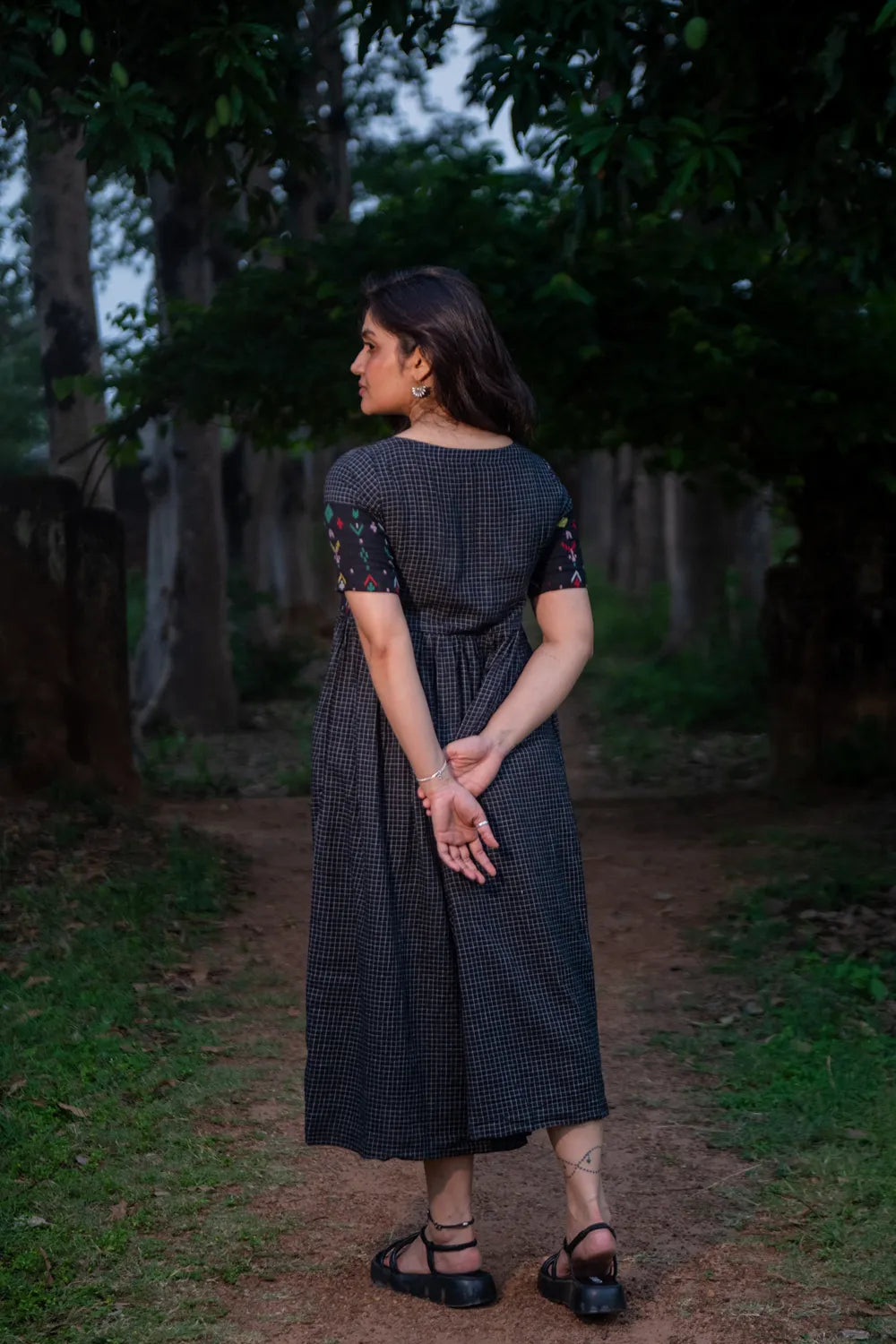 Back View of Checkmate Handwoven Cotton Jamdani Dress