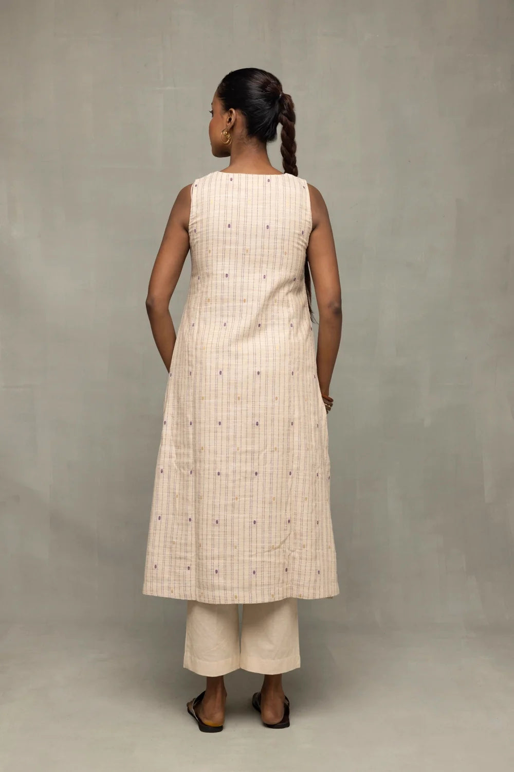 Back View of Cream and Mauve South Cotton Zari Kurta Set with Dupatta