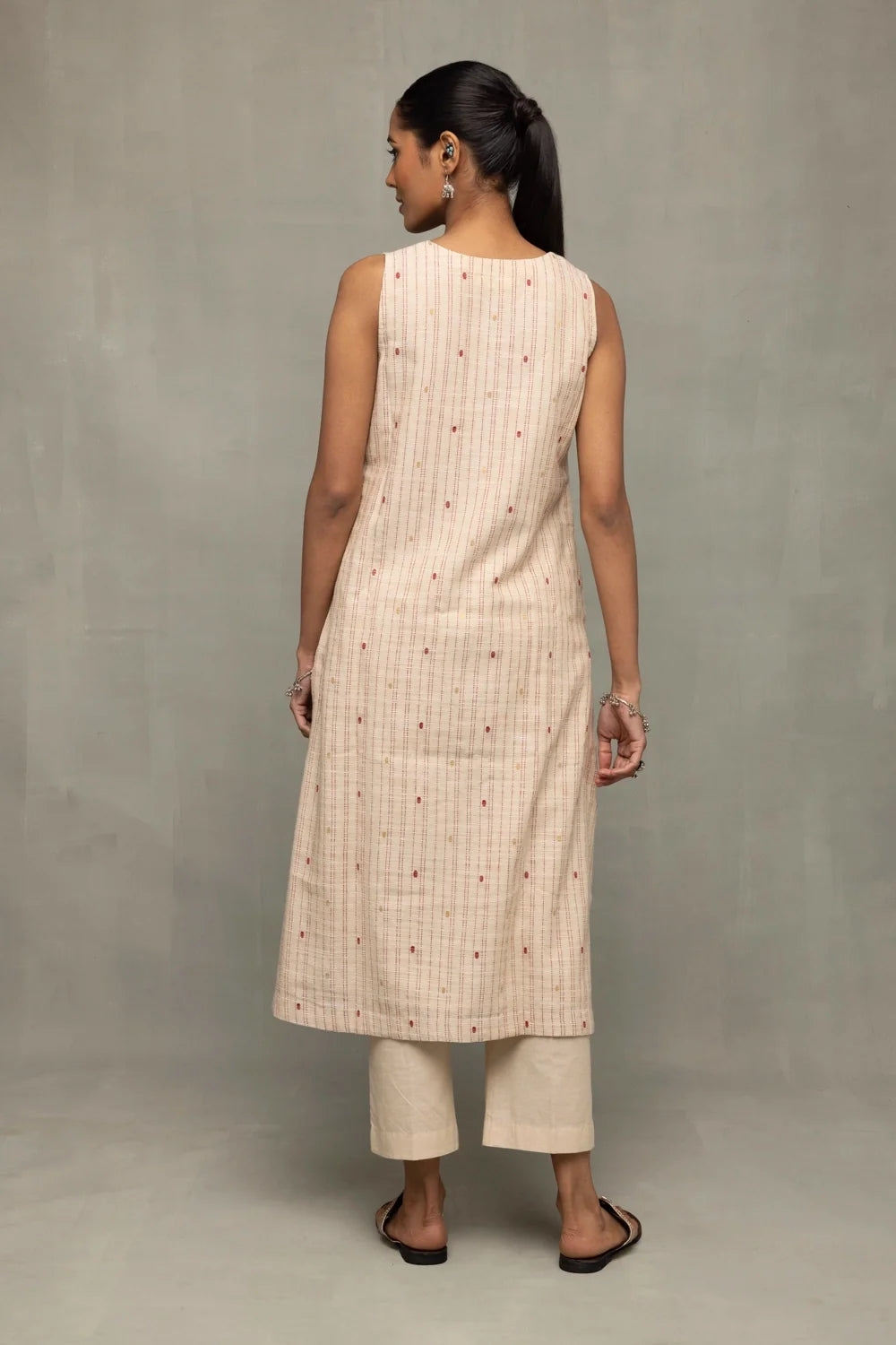 Back View of Cream and Pink South Cotton Zari Kurta Set with Dupatta