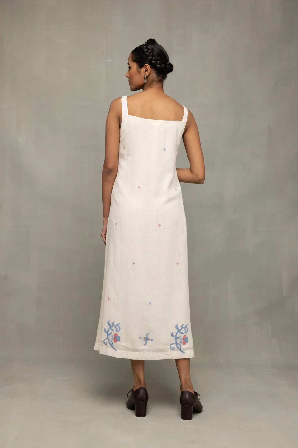Back View of Cream Bela Buta Pure Cotton Jamdani Dress