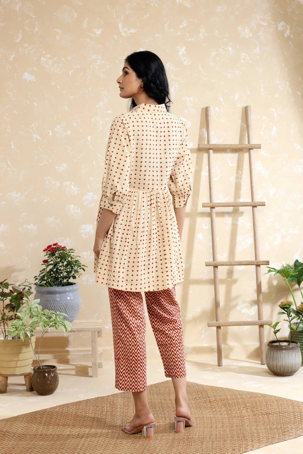 Back View of Cream Polka Dots Pure Cotton Block Print Co-ord Set