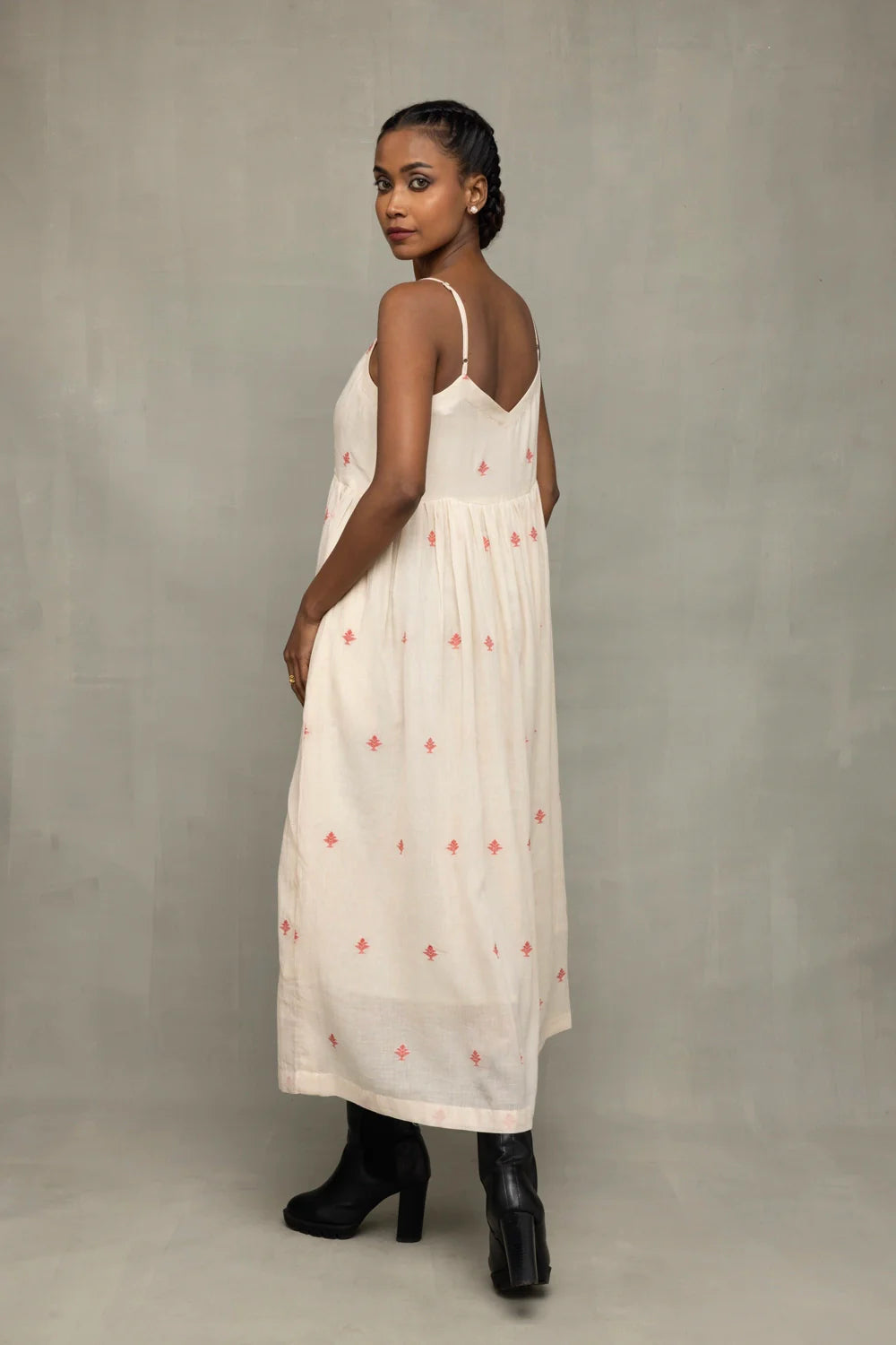 Back View of Cream and Red Dheki Pure Cotton Jamdani Dress