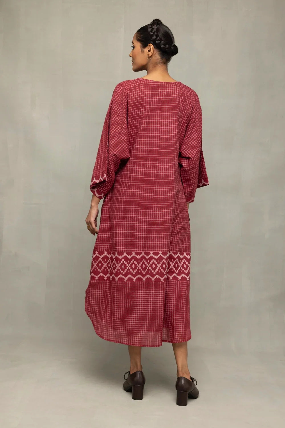 Back View of Crimson Checkered Jamdani Kaftan Dress