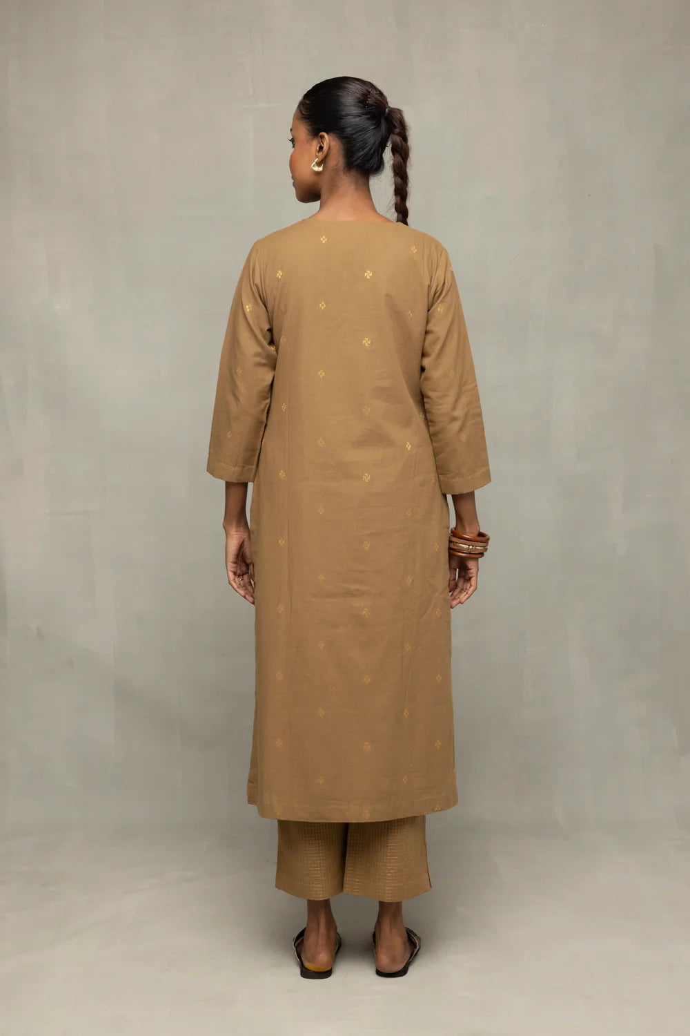 Back View of Damp Sand Kurta Set with Dupatta