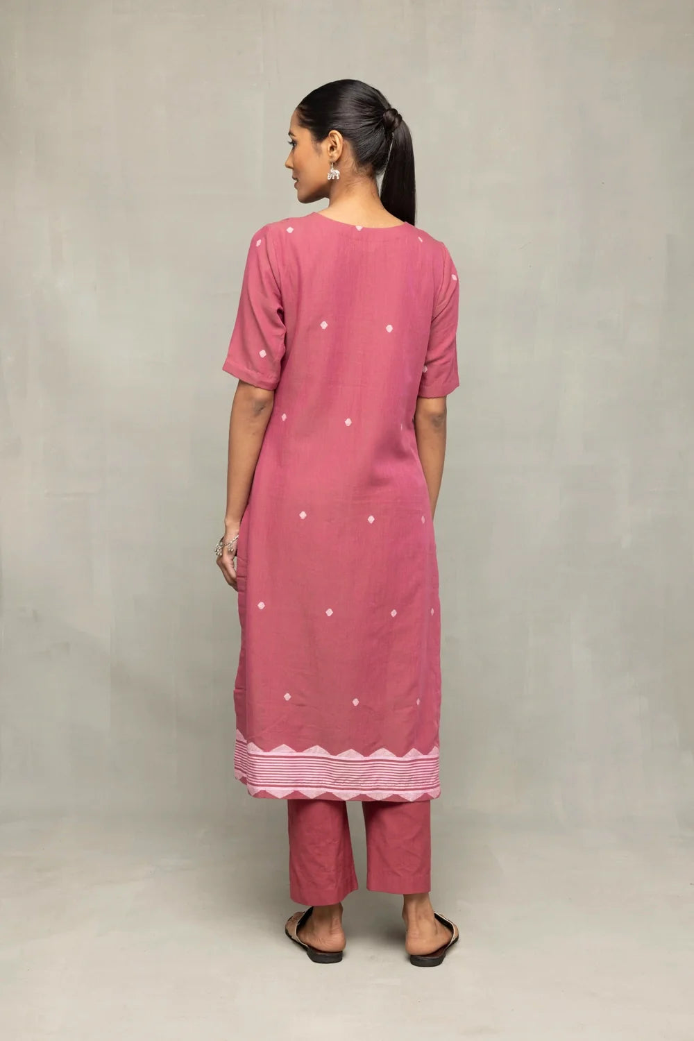 Back View of Dusty Rose Cross Motifs Jamdani Kurta Set with Dupatta