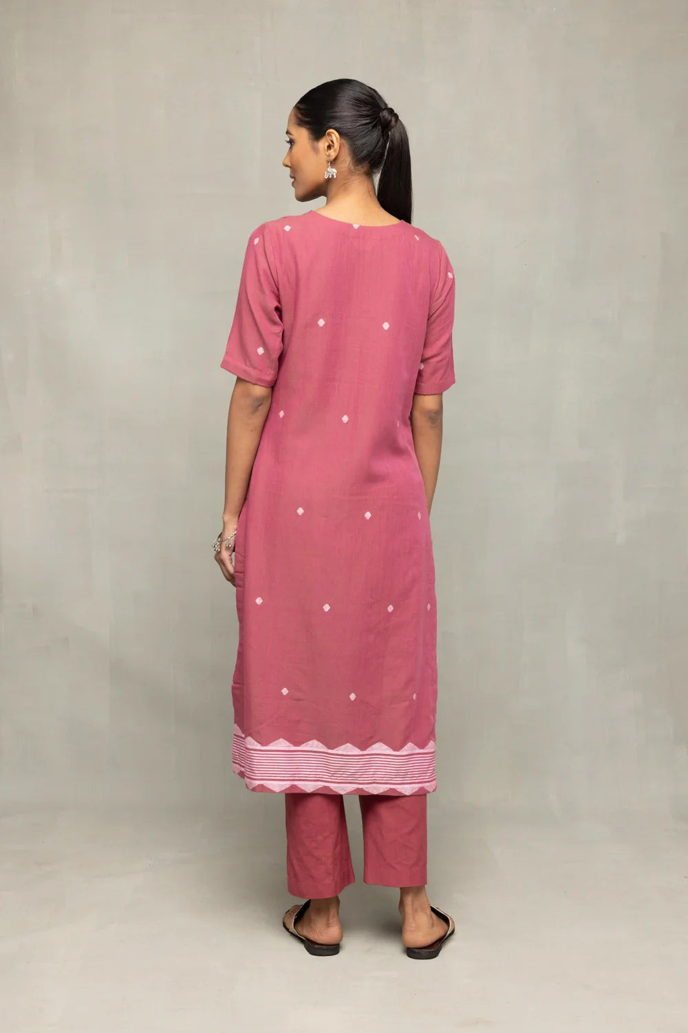 Back View of Dusty Rose Cross Motifs Jamdani Kurta Set with Dupatta