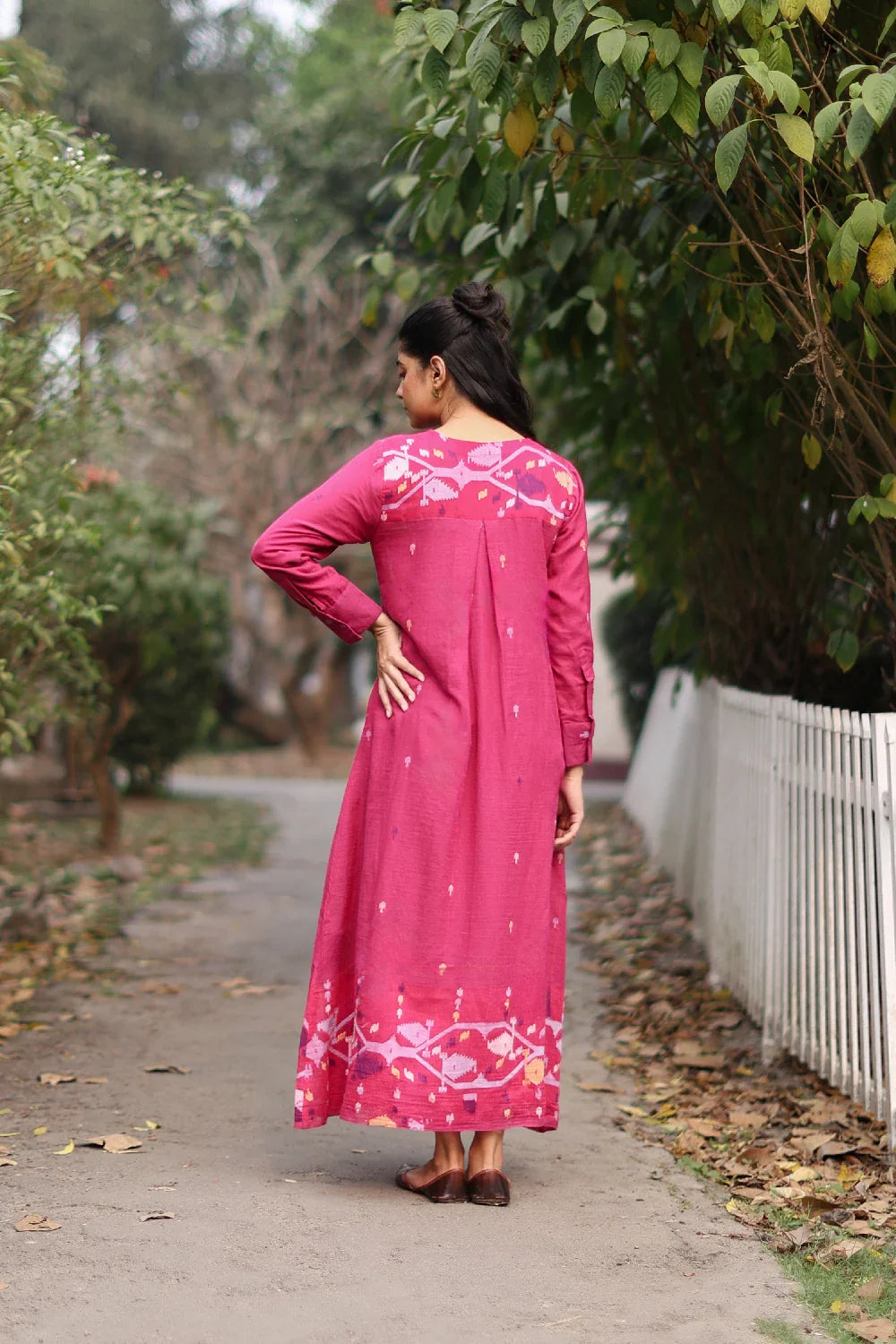 Back View of Fuchsia Pink Jamdani Cotton Dress with Silk Woven Border